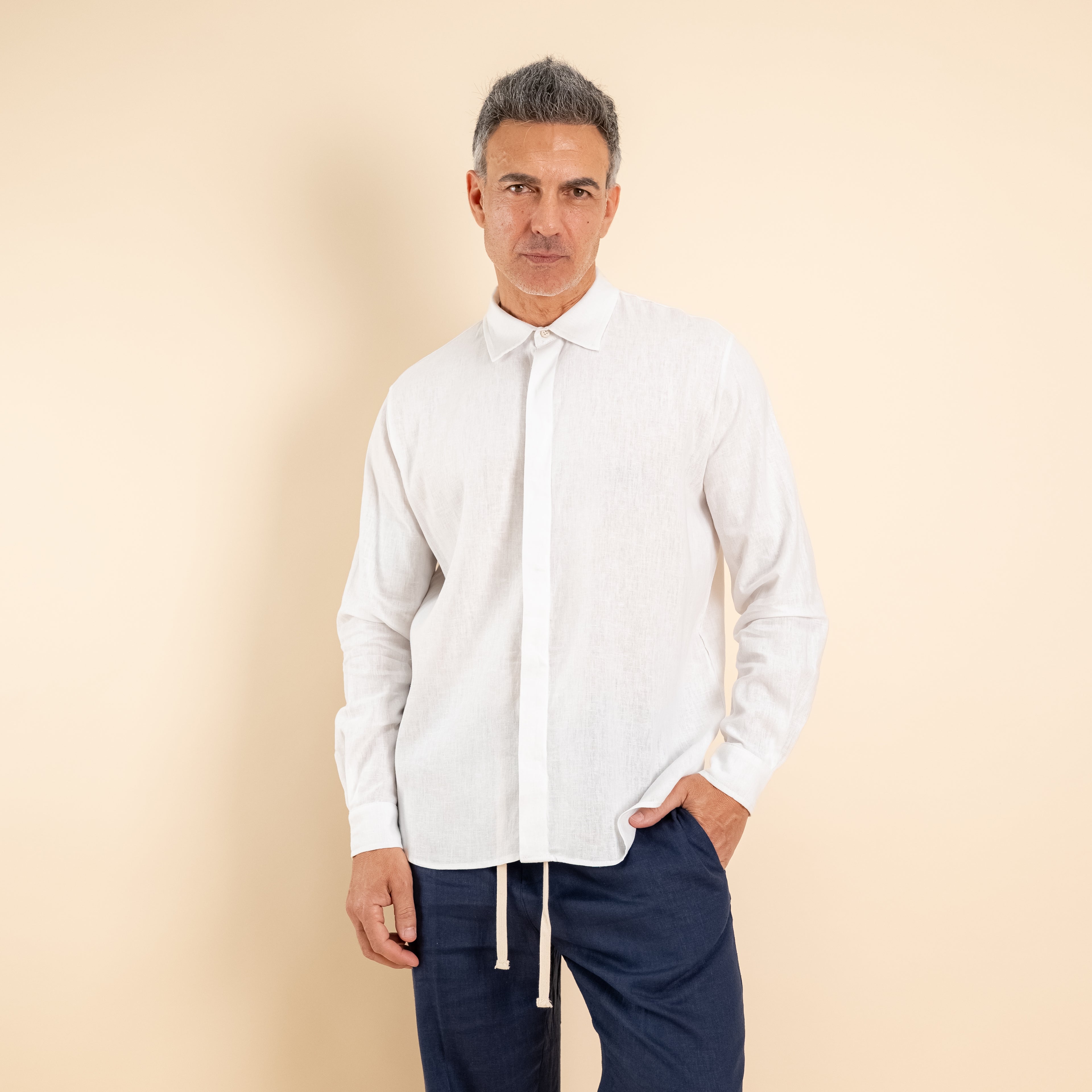 Camicia in misto lino fintone coperto - Bianco