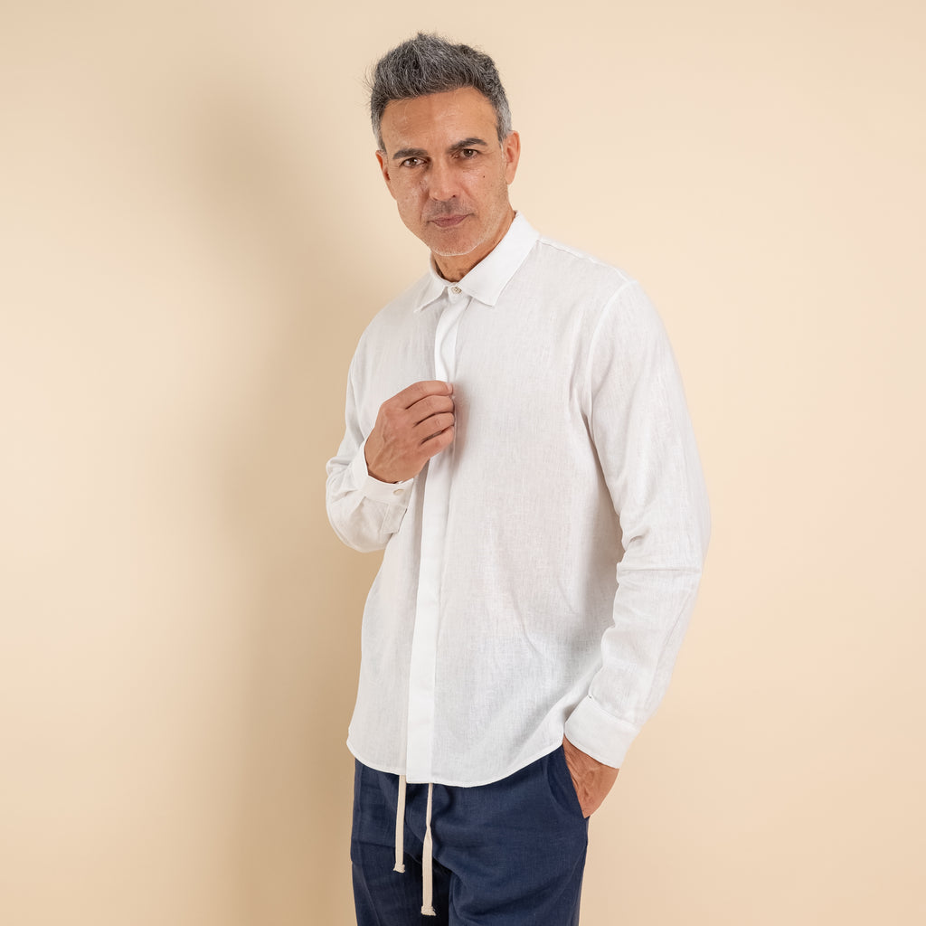 Camicia in misto lino fintone coperto - Bianco
