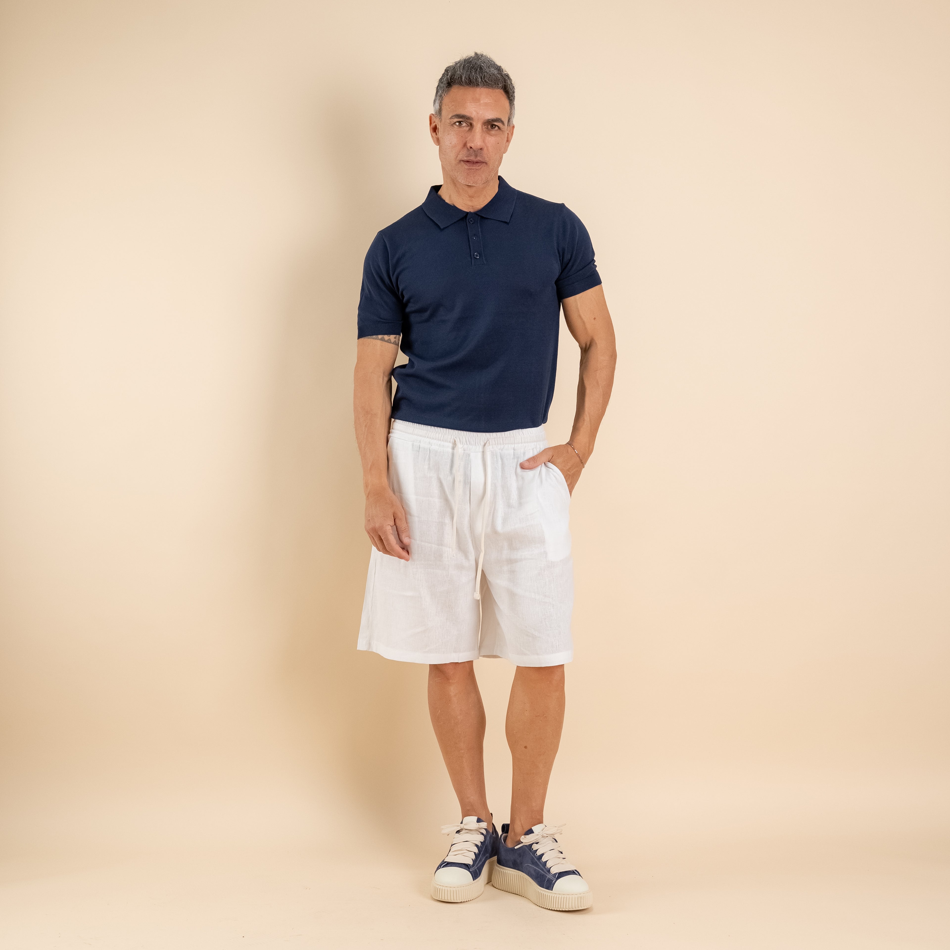 Bermuda con lacci in misto lino - Bianco