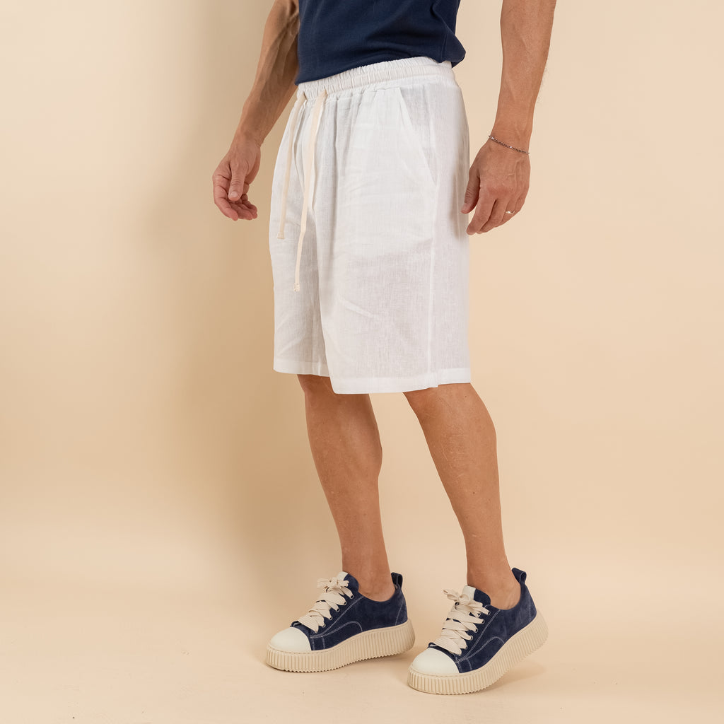 Bermuda con lacci in misto lino - Bianco