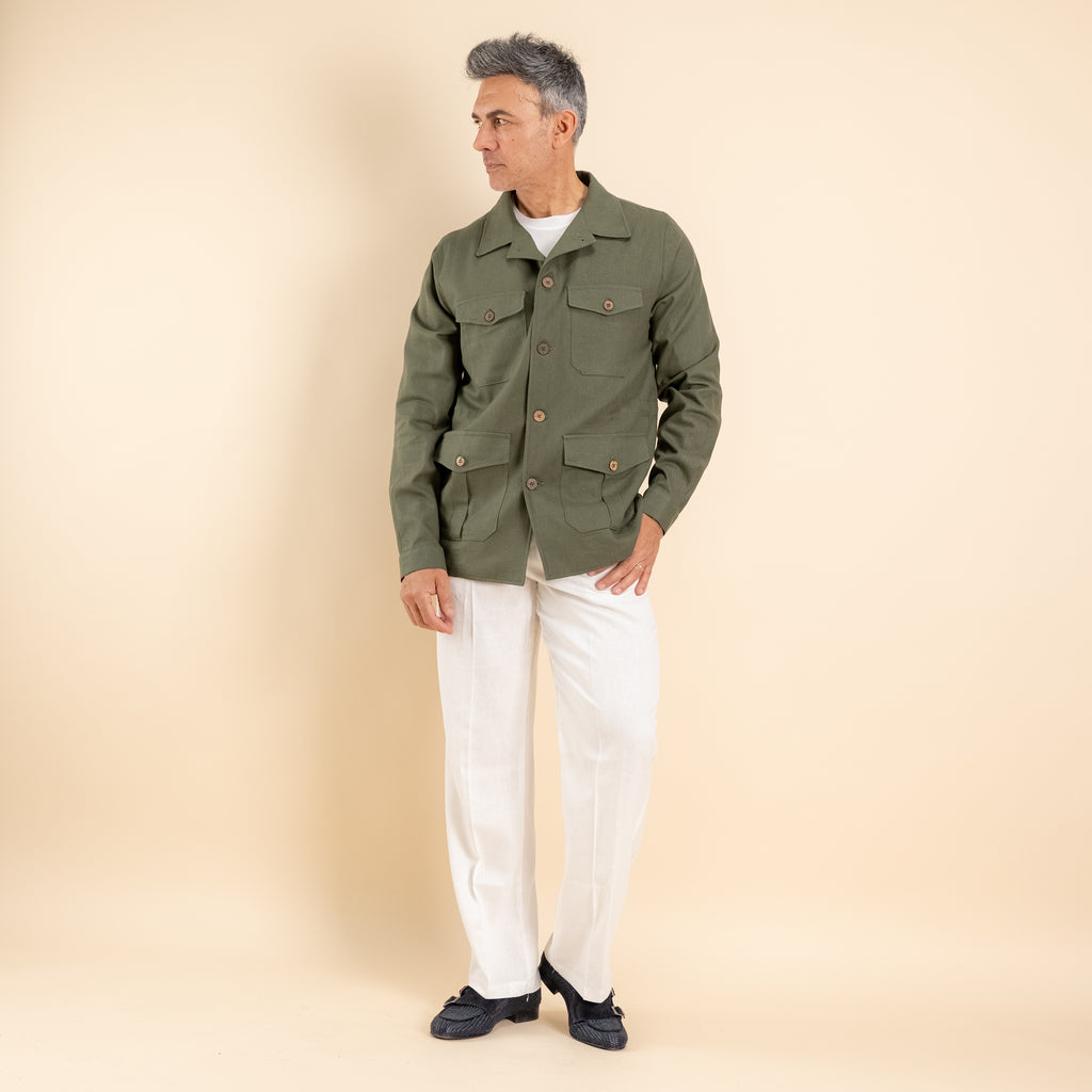 Camicia sahariana in misto lino - Verde