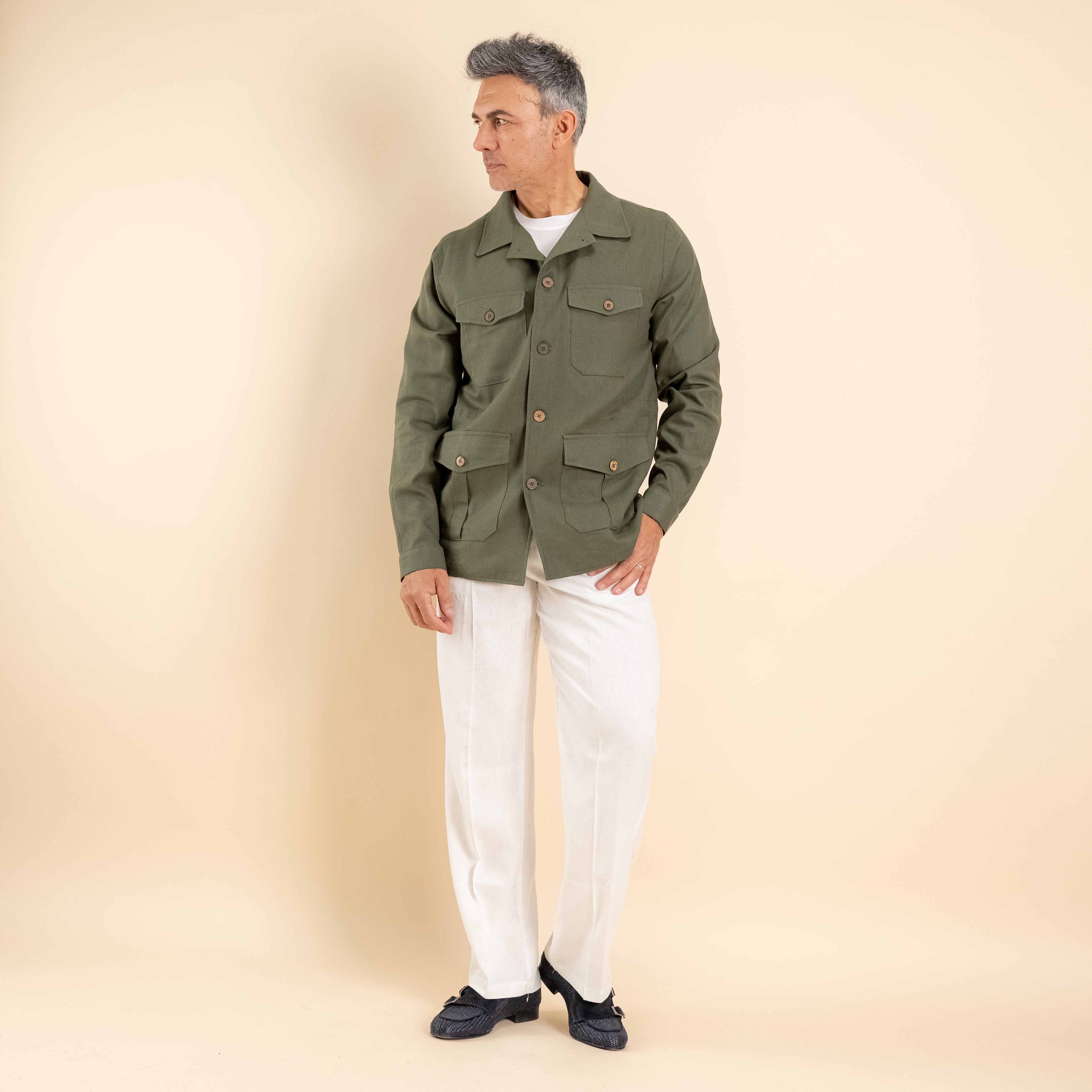 Camicia sahariana in misto lino - Verde