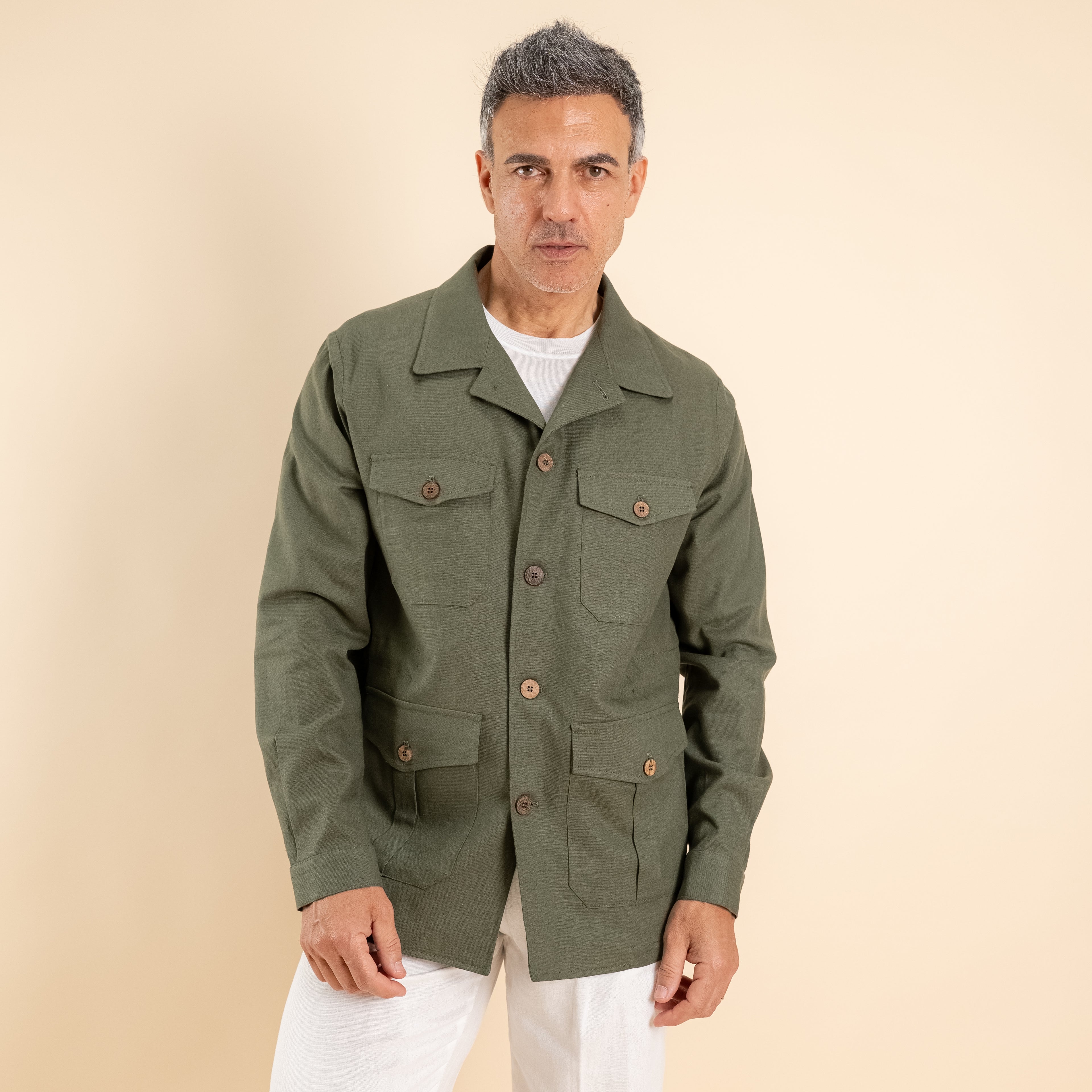 Camicia sahariana in misto lino - Verde