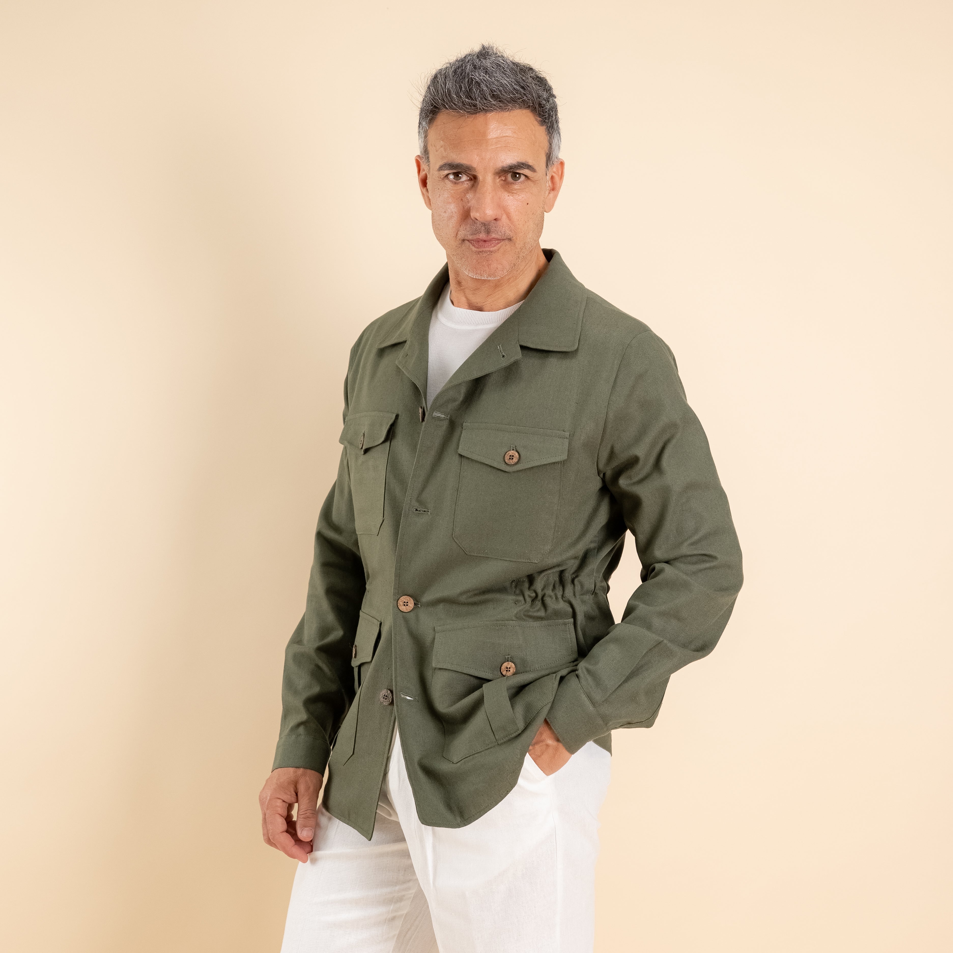 Camicia sahariana in misto lino - Verde