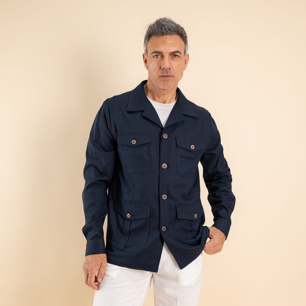 Camicia sahariana in misto lino - Blu