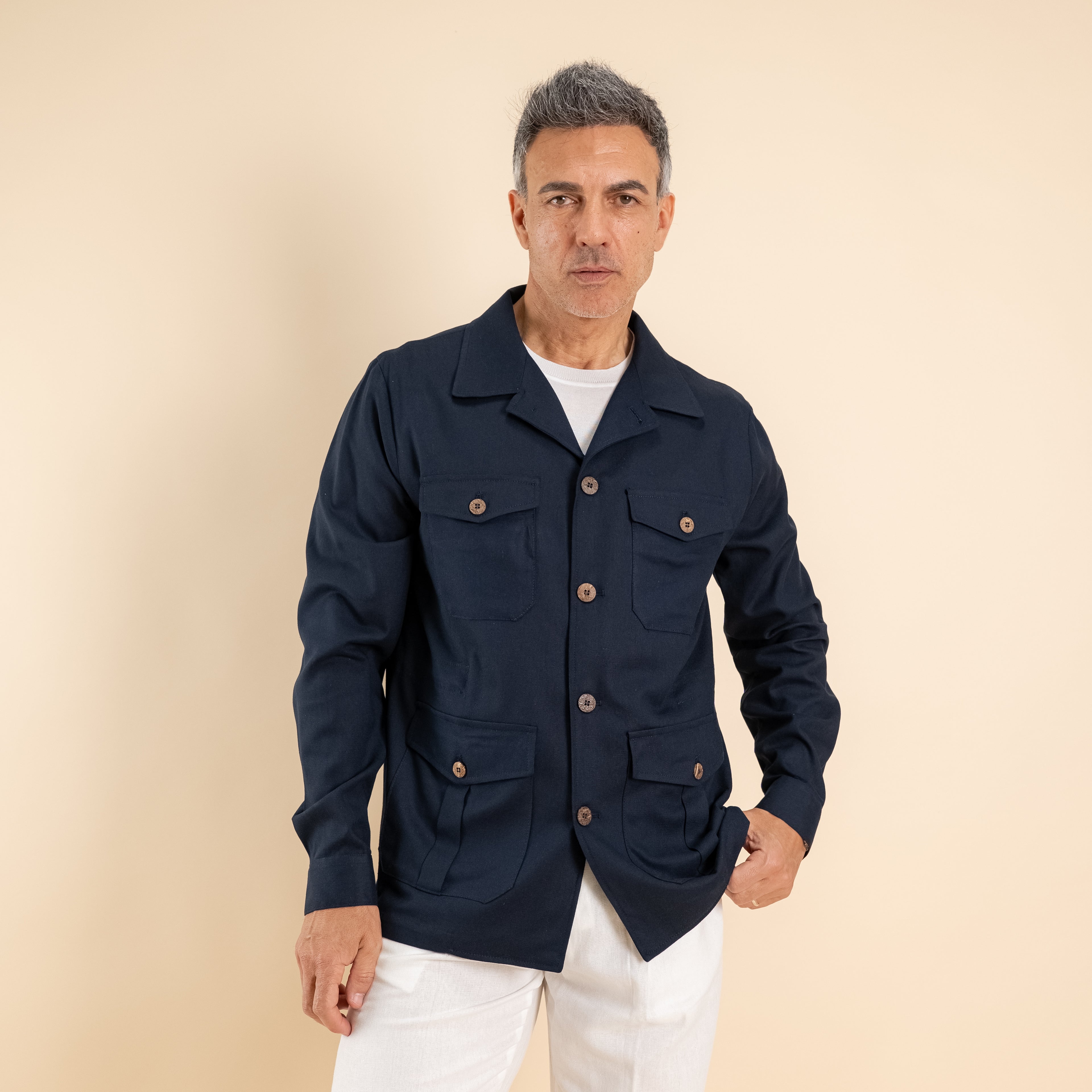 Camicia sahariana in misto lino - Blu