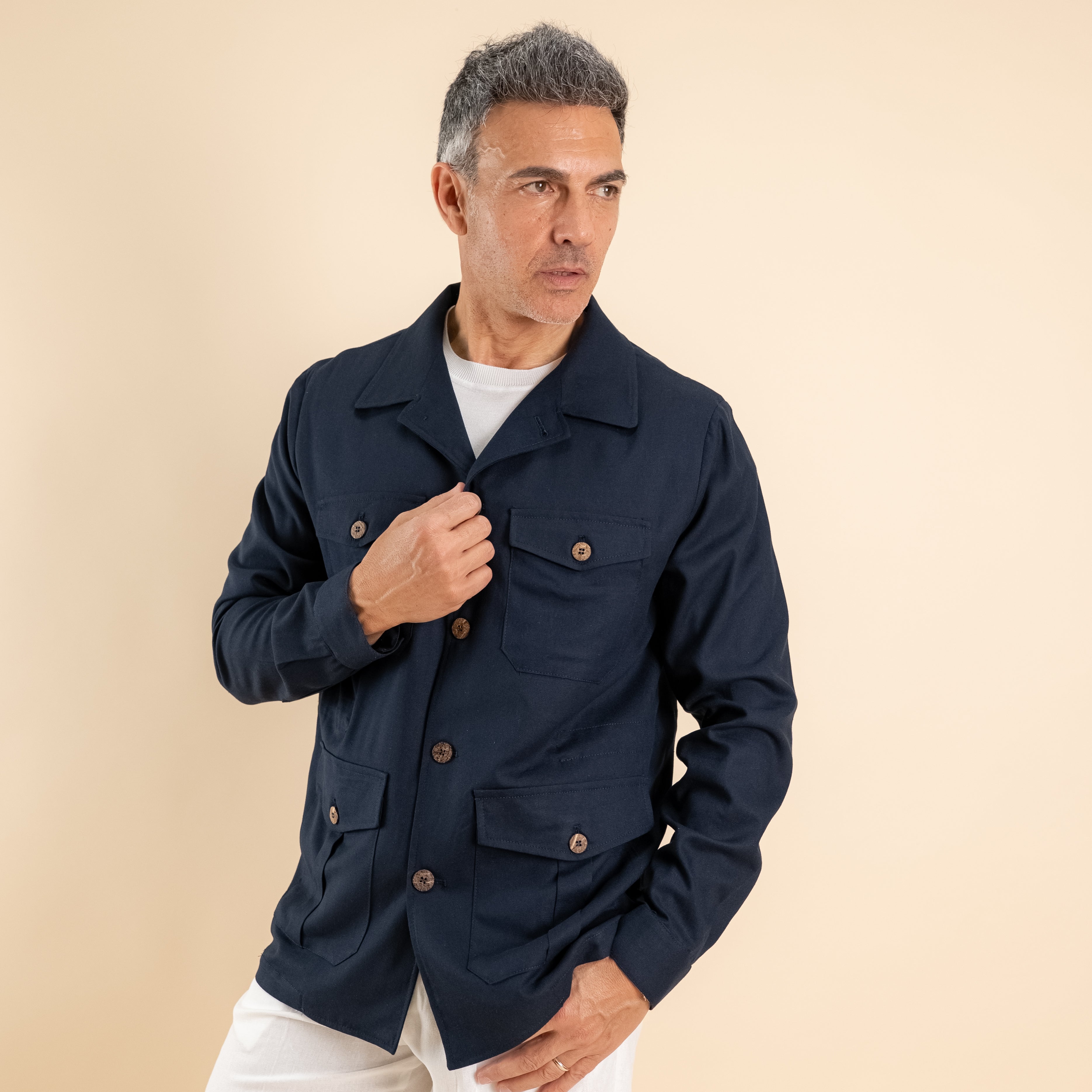 Camicia sahariana in misto lino - Blu