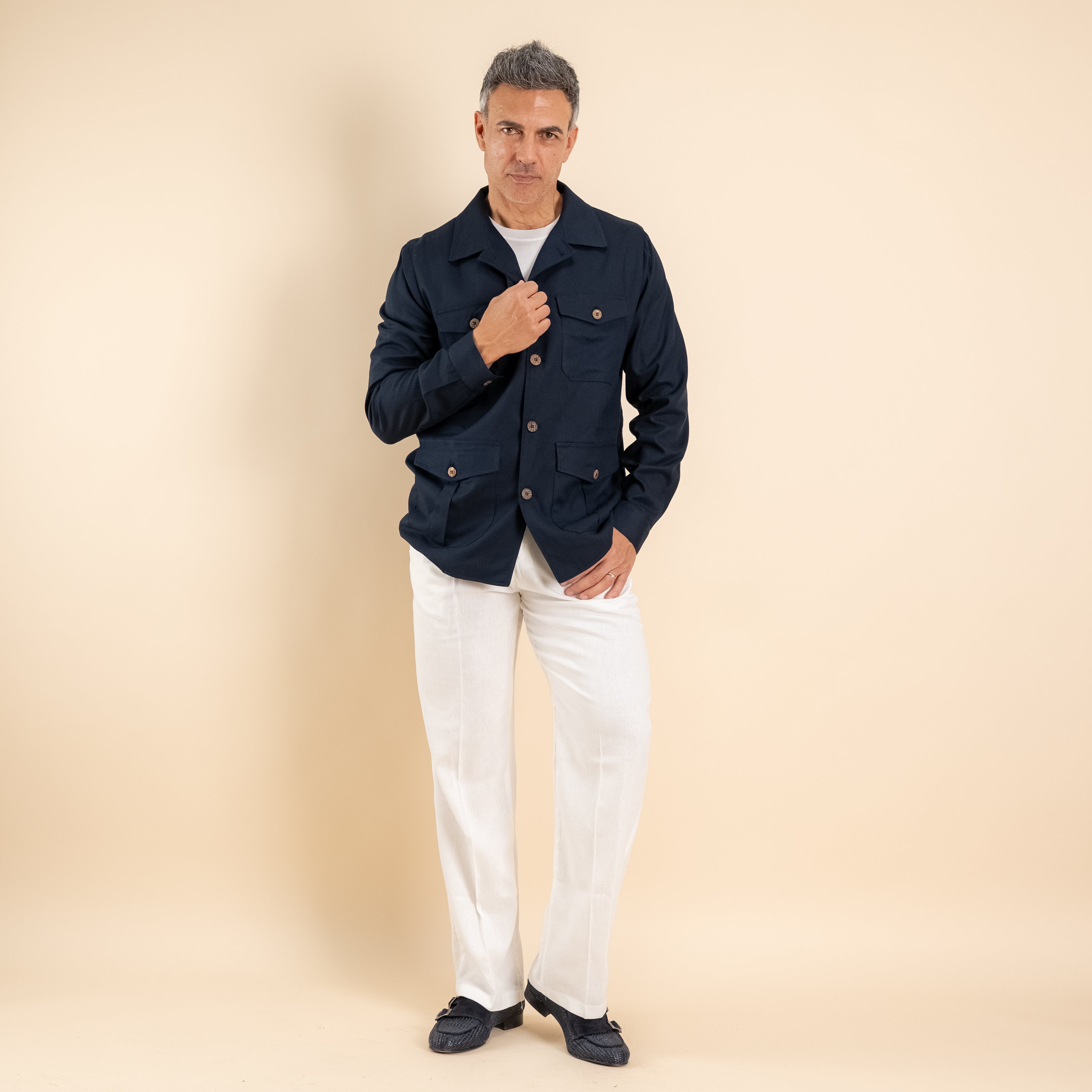 Camicia sahariana in misto lino - Blu