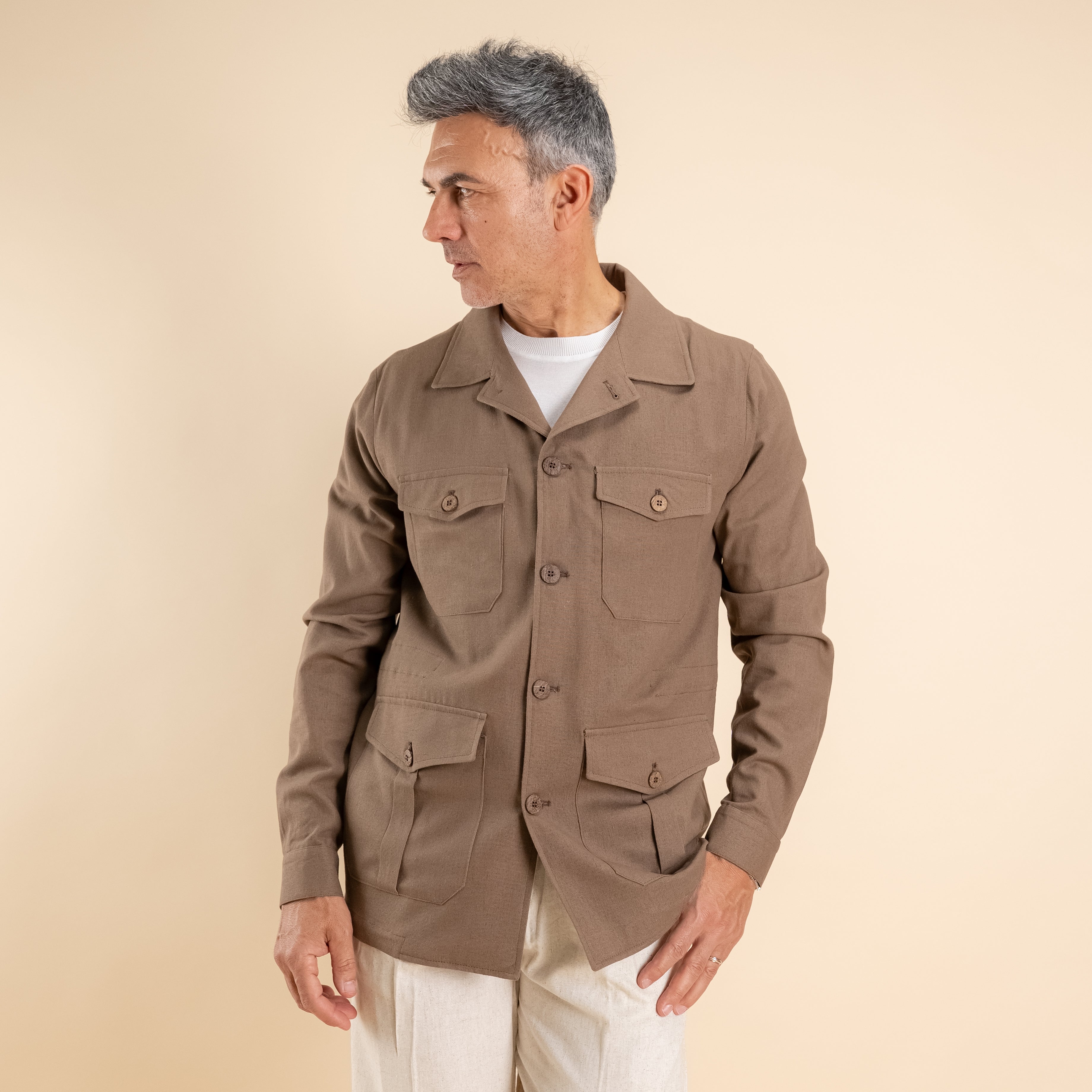 Camicia sahariana in misto lino - Tabacco