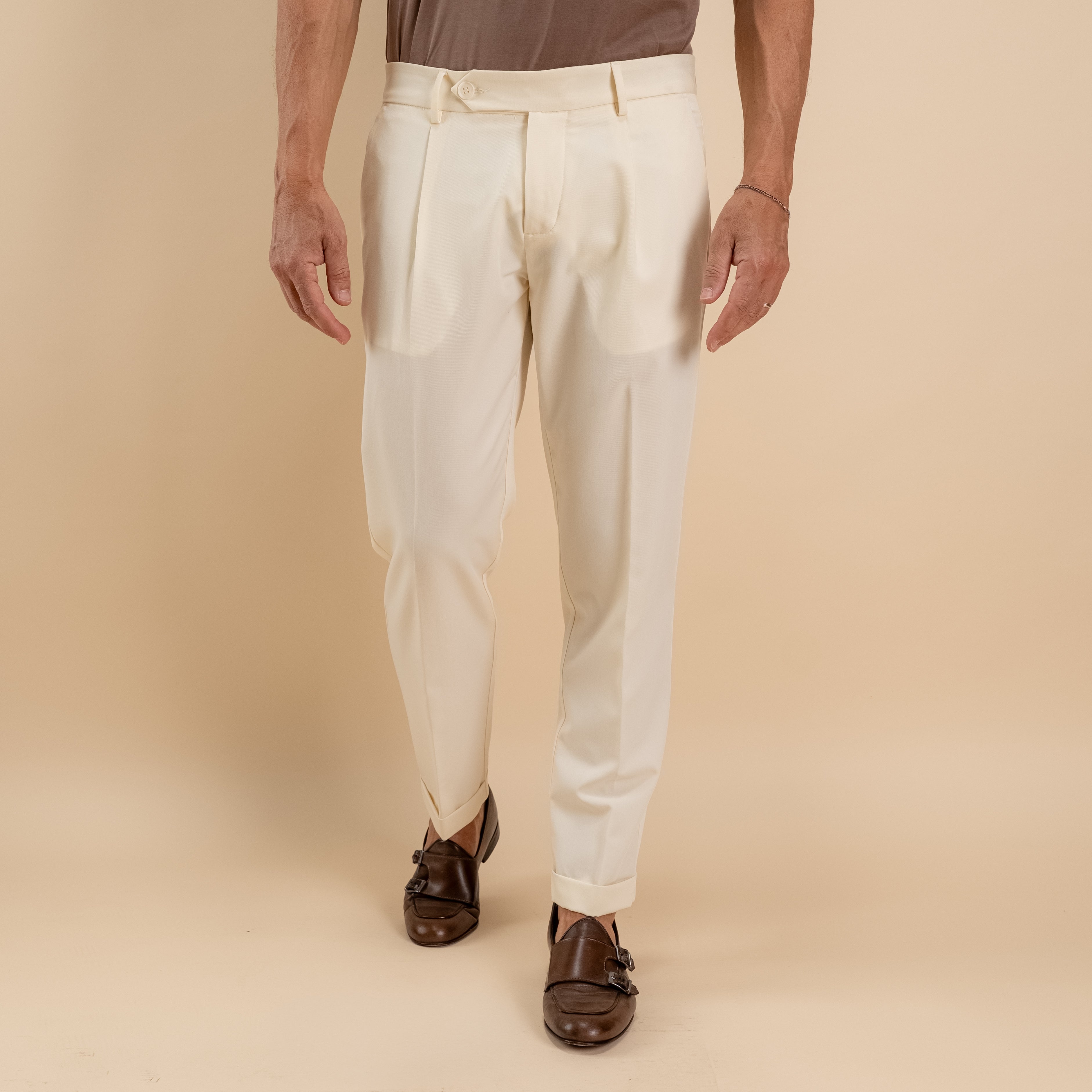 Pantalone slim fit con Pinces e risvolto - Crema