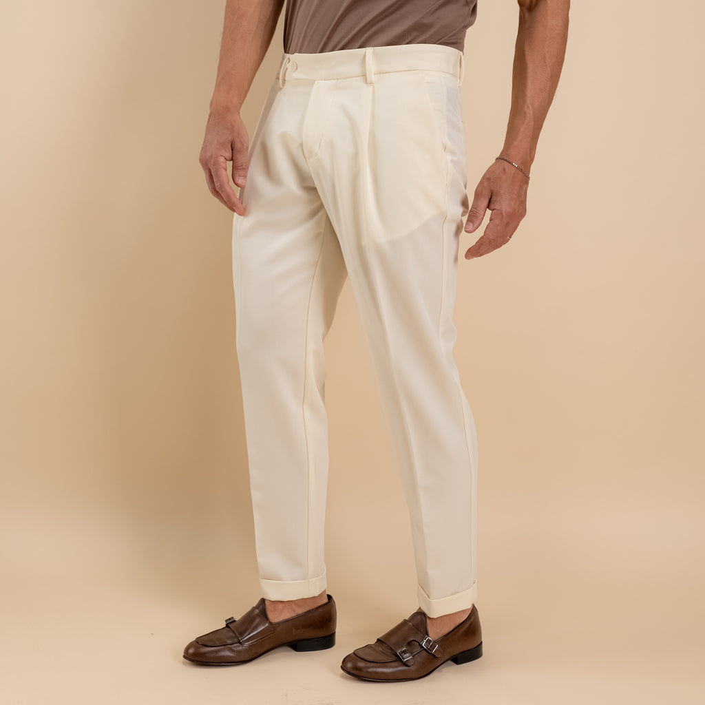 Pantalone slim fit con Pinces e risvolto - Crema