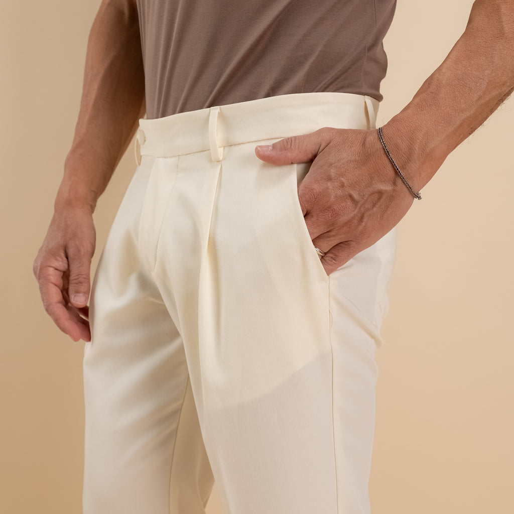 Pantalone slim fit con Pinces e risvolto - Crema