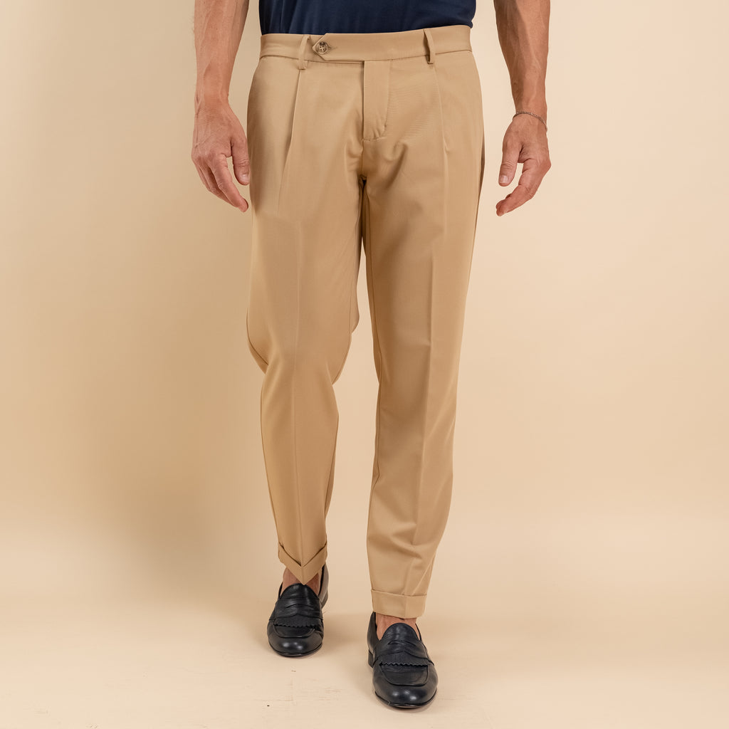 Pantalone slim fit con Pinces e risvolto - Biscotto