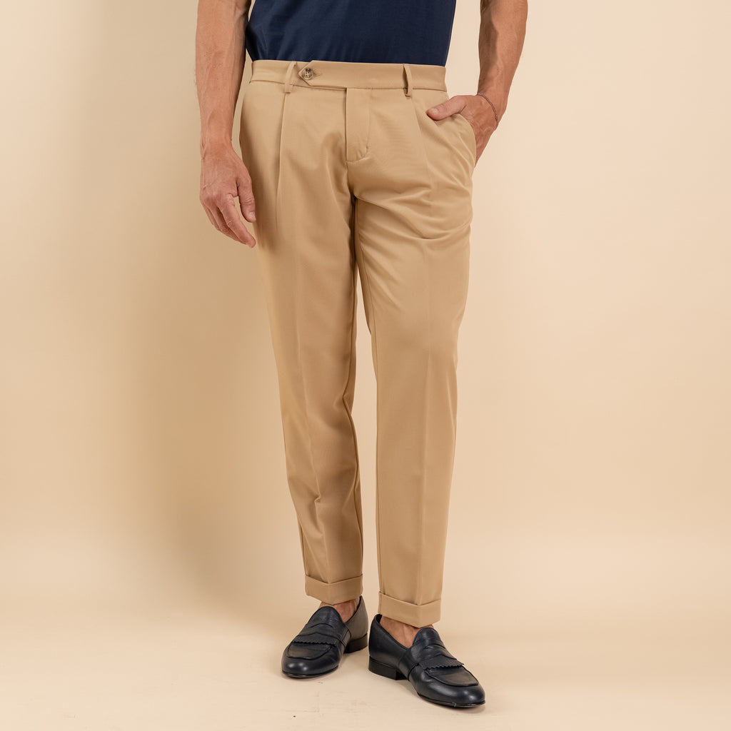 Pantalone slim fit con Pinces e risvolto - Biscotto