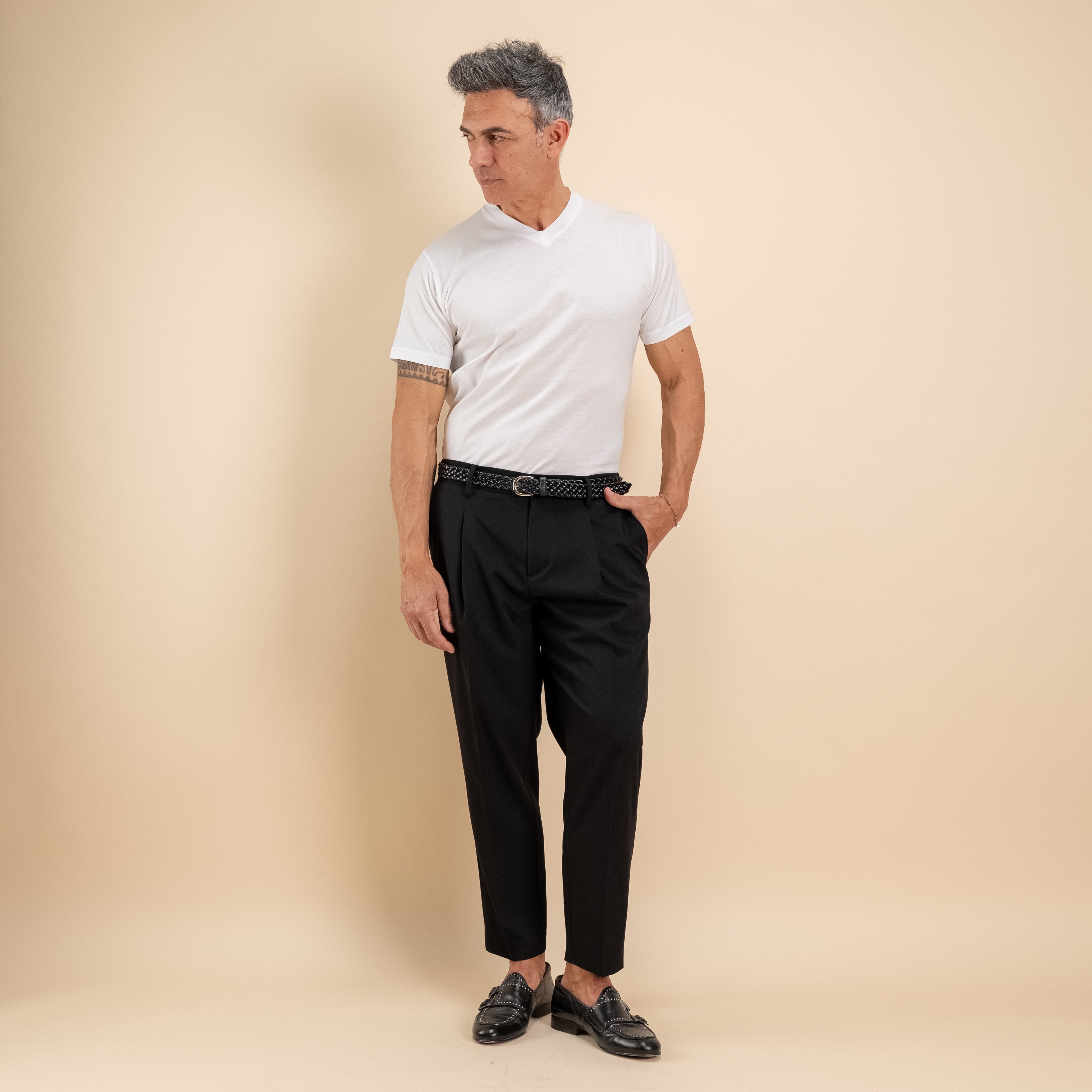 T-shirt in Filo di Scozia Scollo a punta   - Bianco