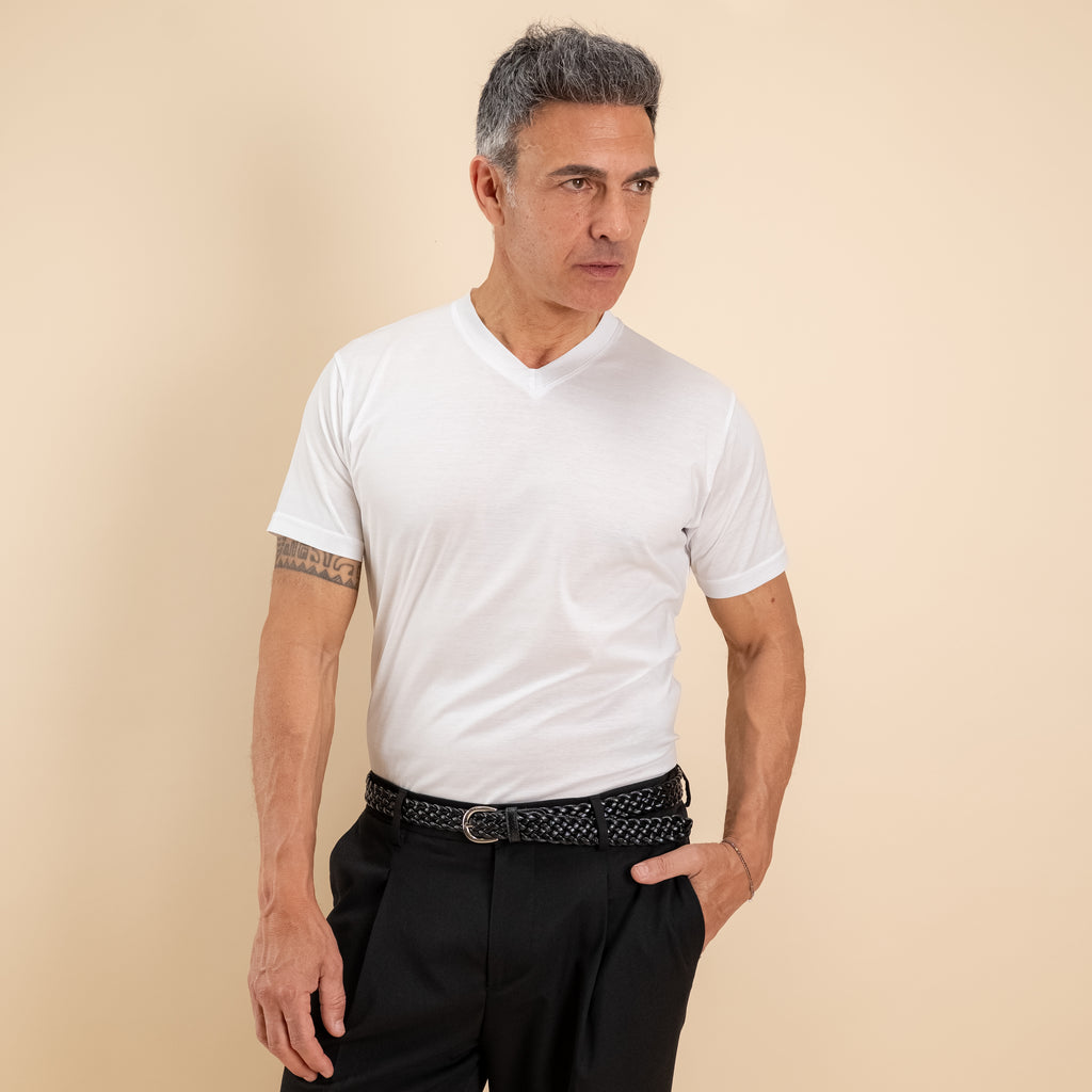 T-shirt in Filo di Scozia Scollo a punta   - Bianco