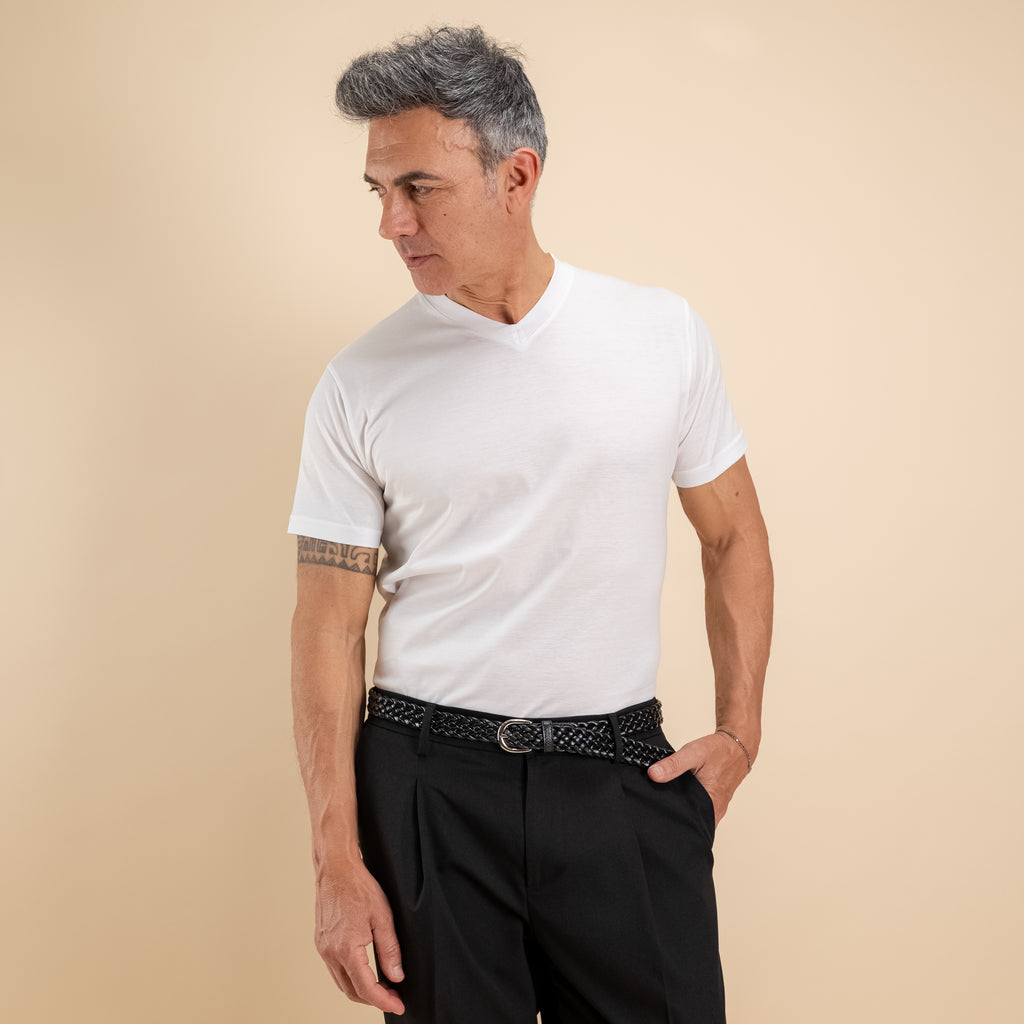 T-shirt in Filo di Scozia Scollo a punta   - Bianco