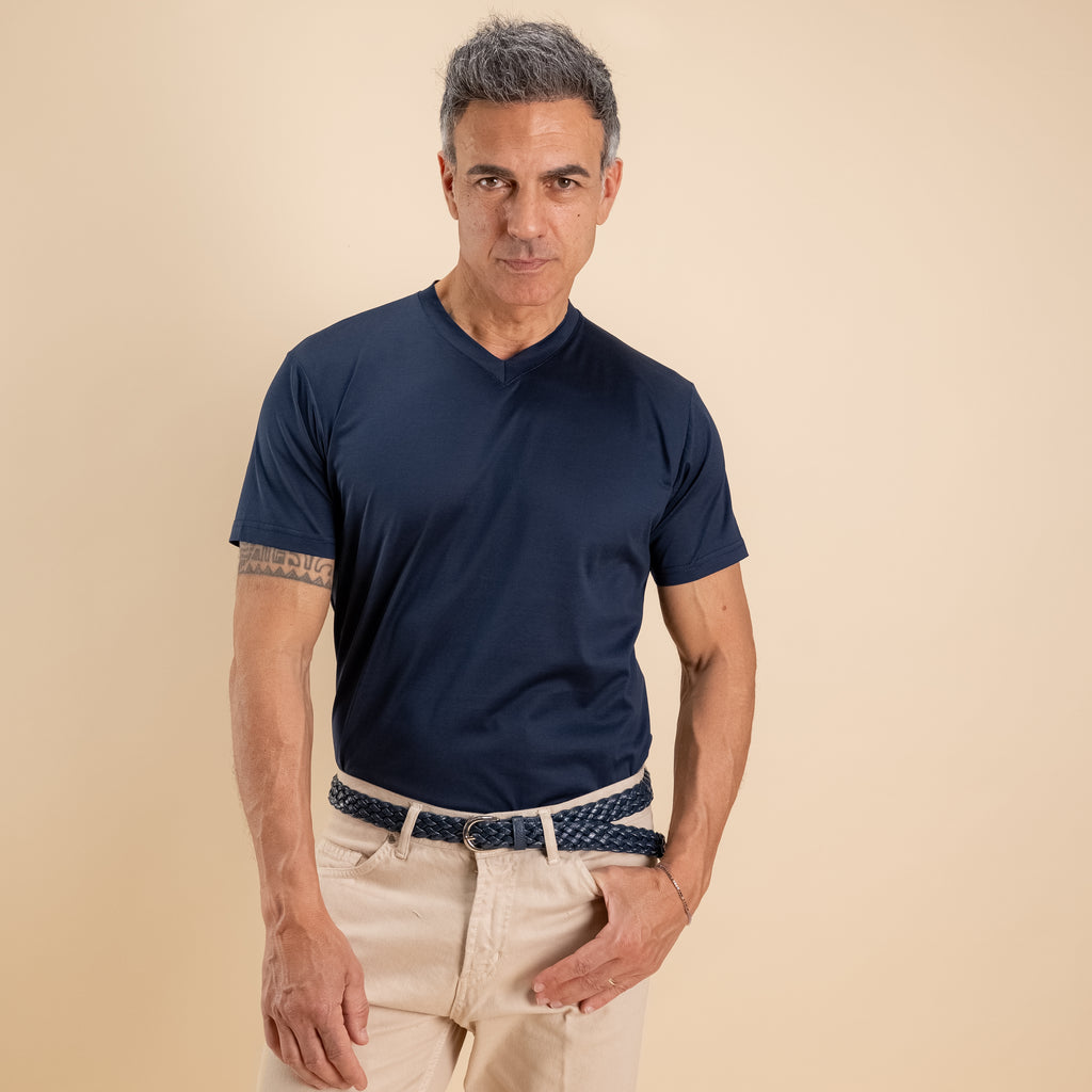 T-shirt in Filo di Scozia Scollo a punta - Blu