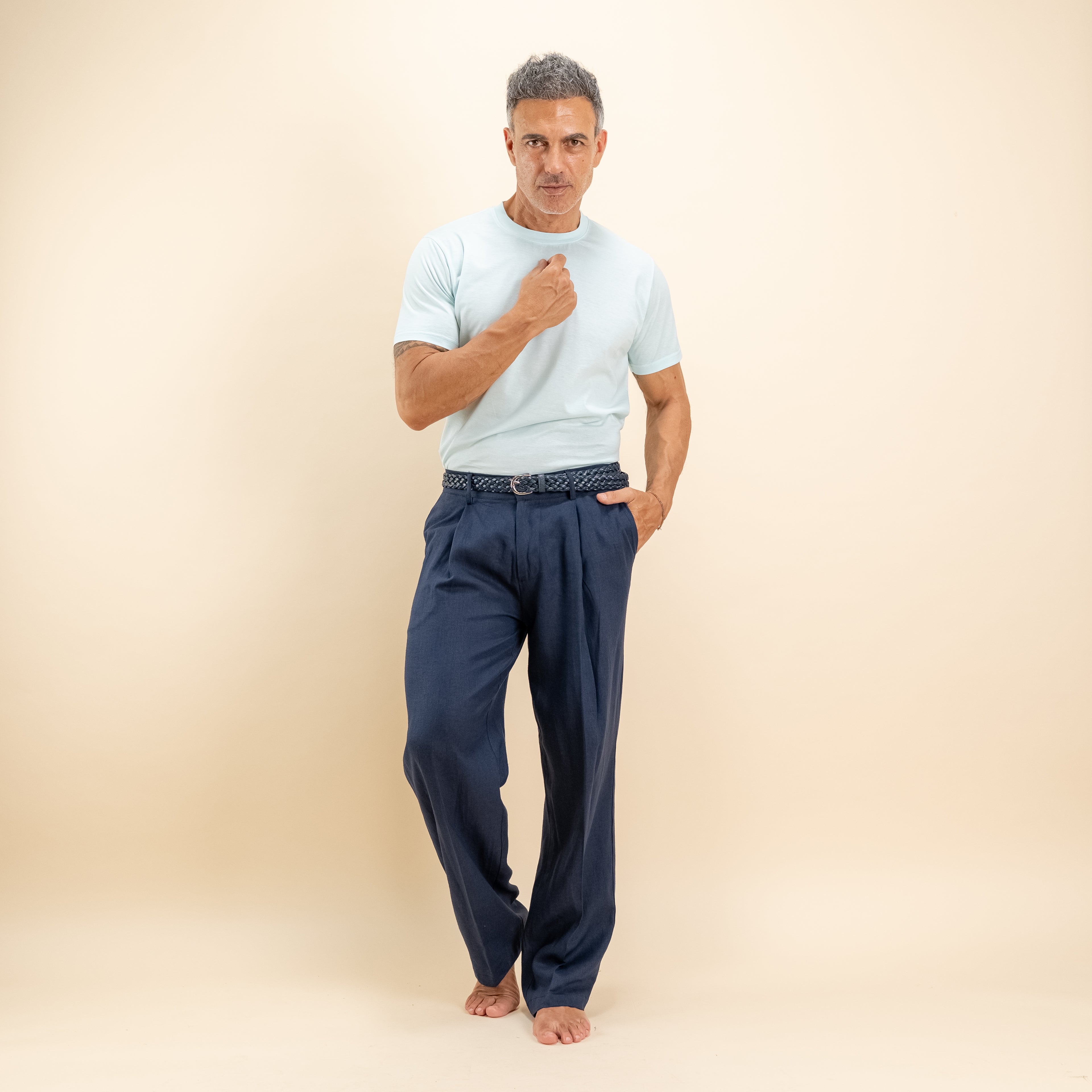 Pantalone palazzo con molla sul retro in misto lino - Blu