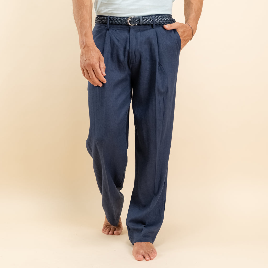 Pantalone palazzo con molla sul retro in misto lino - Blu