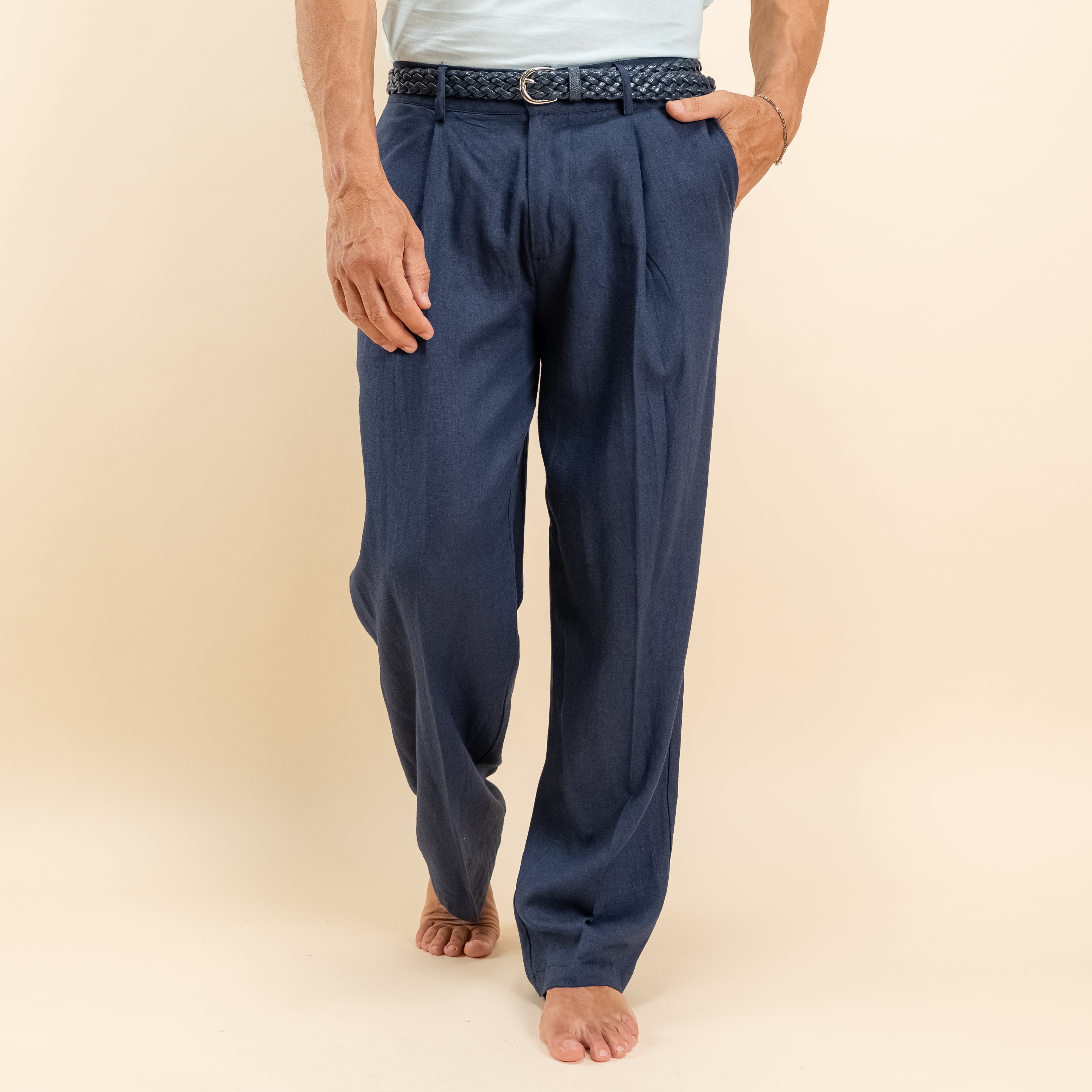 Pantalone palazzo con molla sul retro in misto lino - Blu