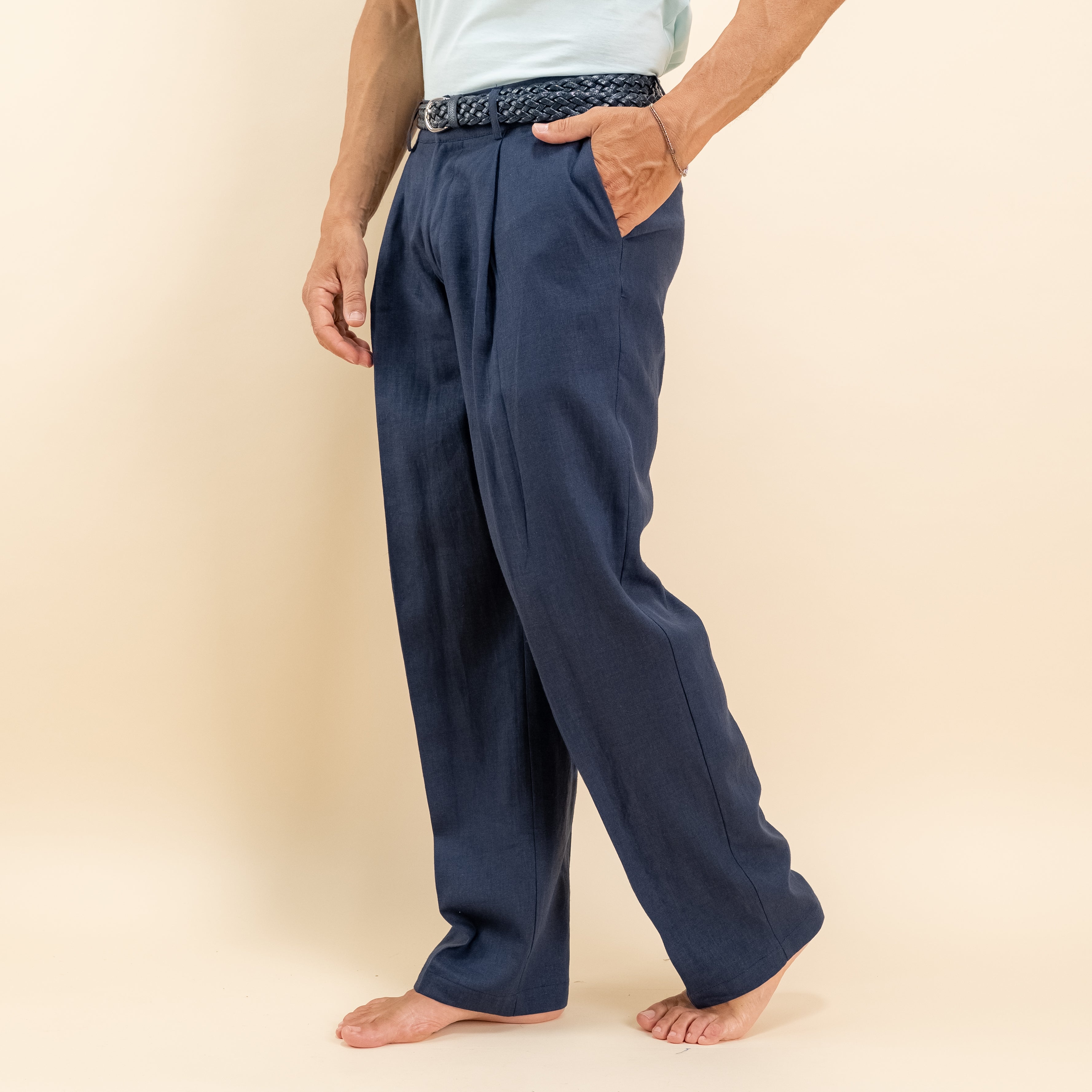Pantalone palazzo con molla sul retro in misto lino - Blu