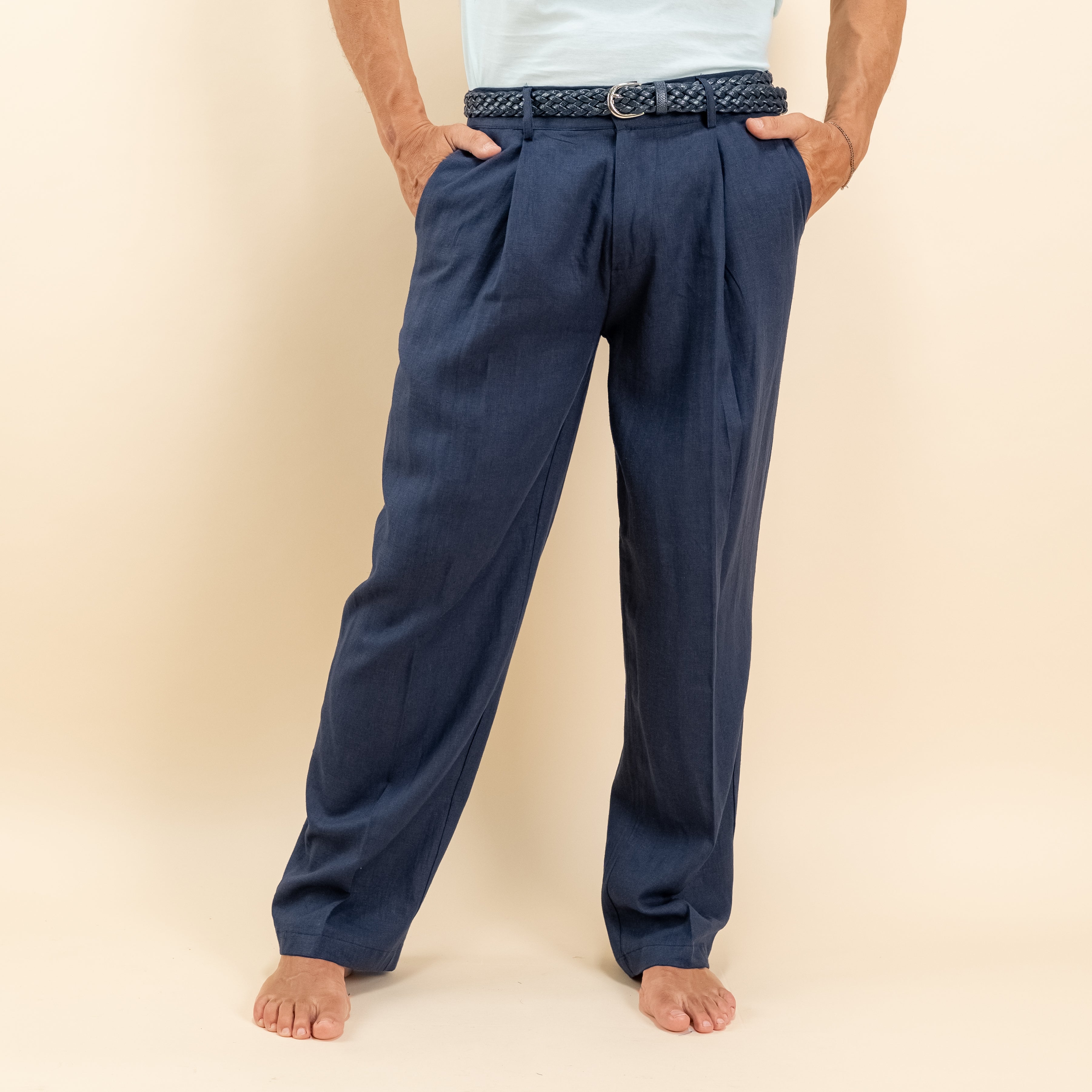 Pantalone palazzo con molla sul retro in misto lino - Blu