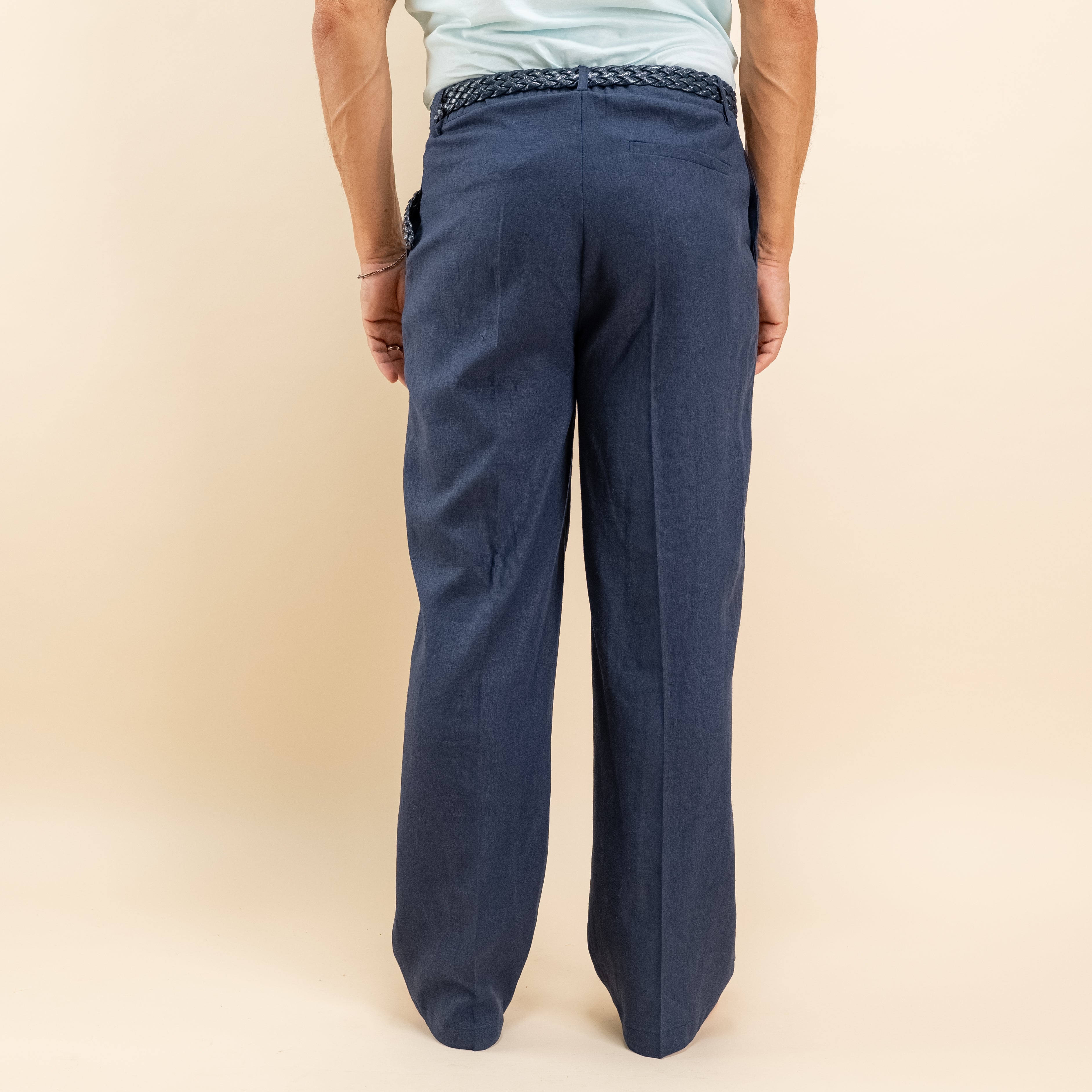 Pantalone palazzo con molla sul retro in misto lino - Blu