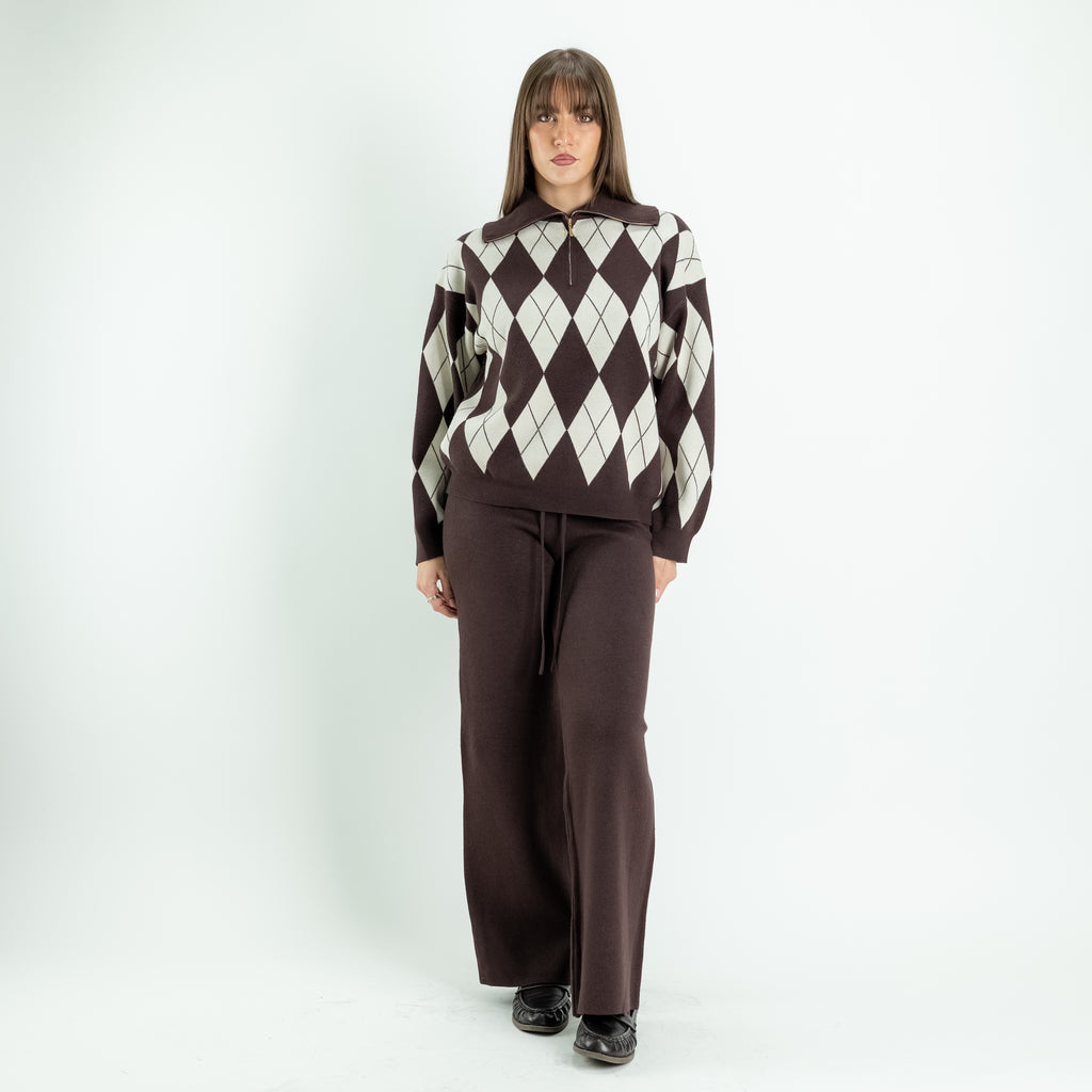 Argyle Knit Co-ord Set with Palazzo Trousers - Brown