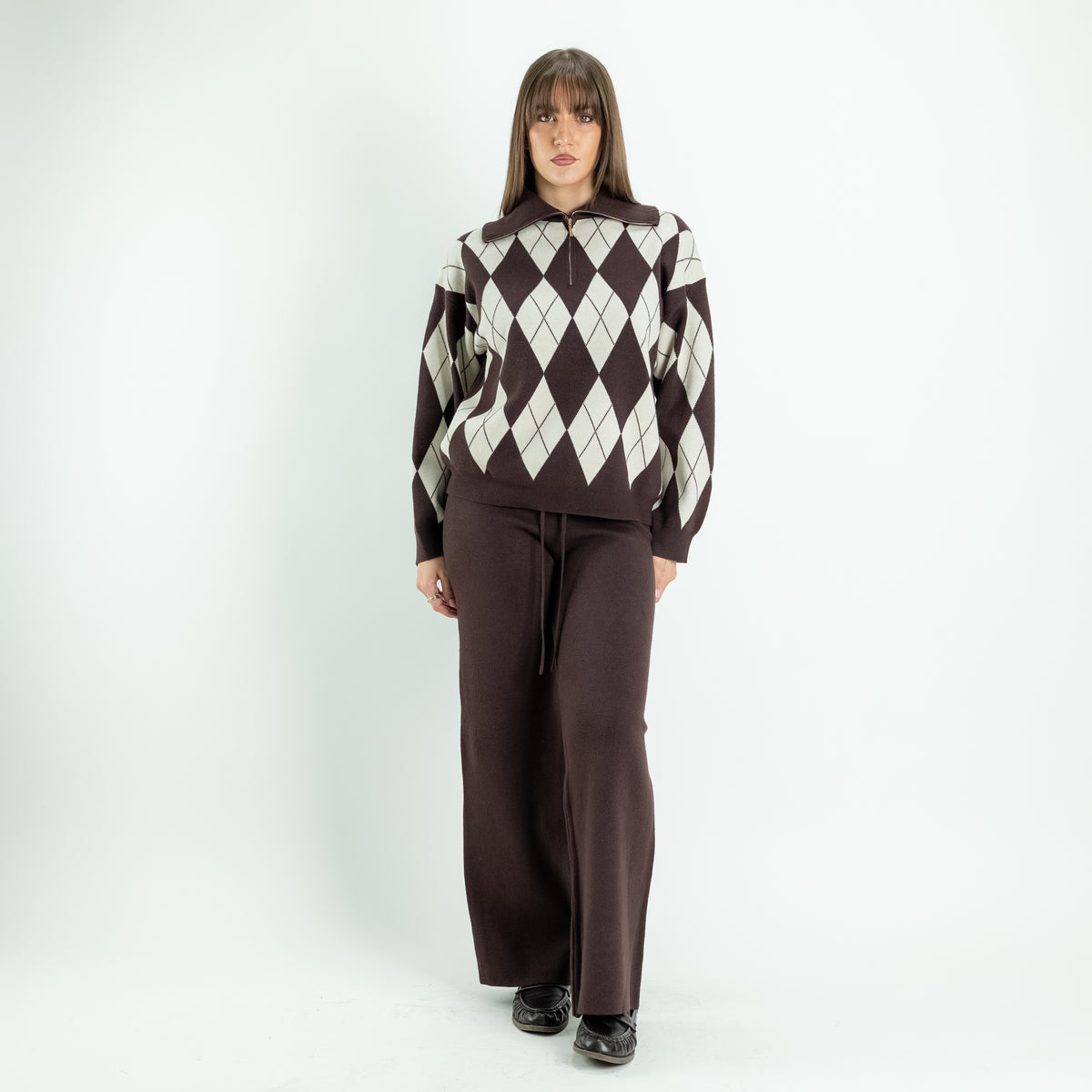 Argyle Knit Co-ord Set with Palazzo Trousers - Brown