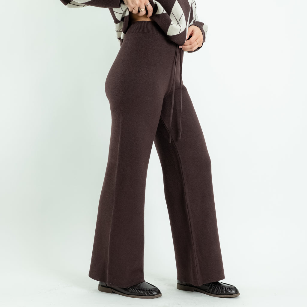 Argyle Knit Co-ord Set with Palazzo Trousers - Brown