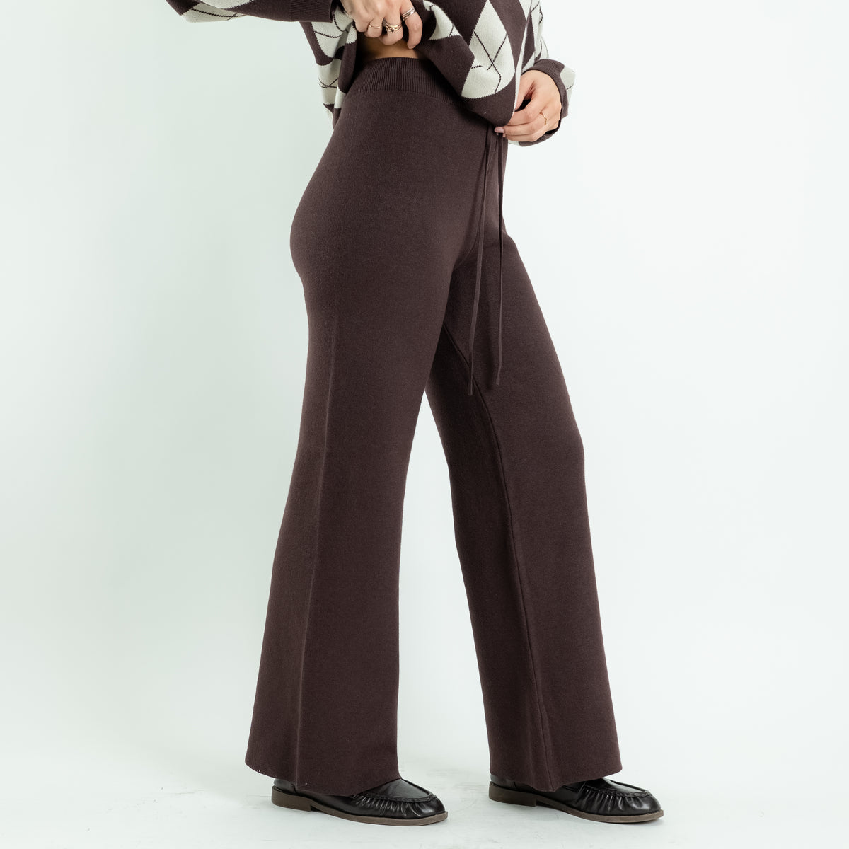 Argyle Knit Co-ord Set with Palazzo Trousers - Brown