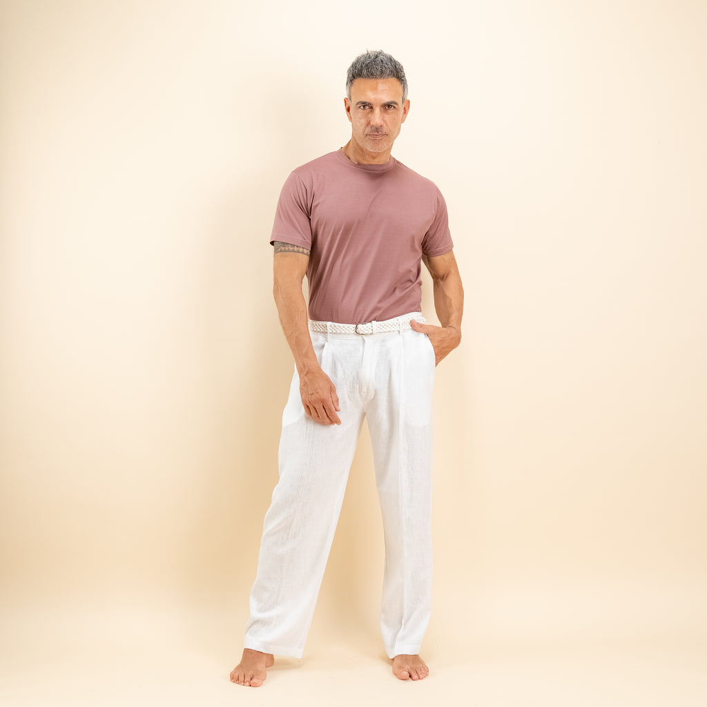 Pantalone palazzo molla sul retro misto lino - Bianco