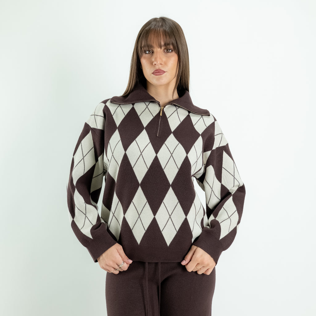 Argyle Knit Co-ord Set with Palazzo Trousers - Brown