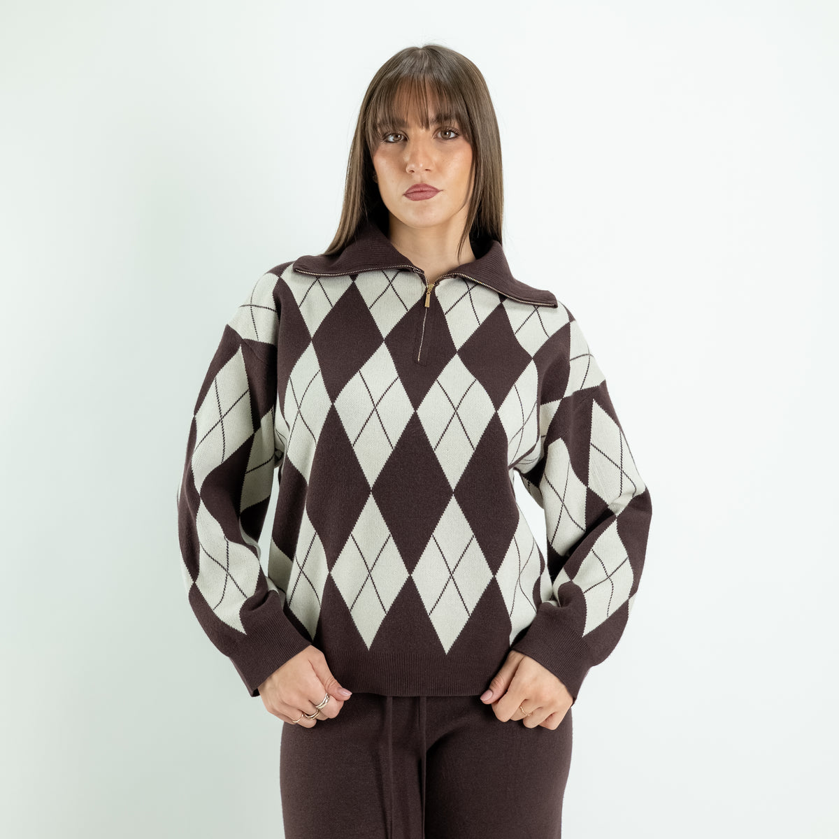 Argyle Knit Co-ord Set with Palazzo Trousers - Brown