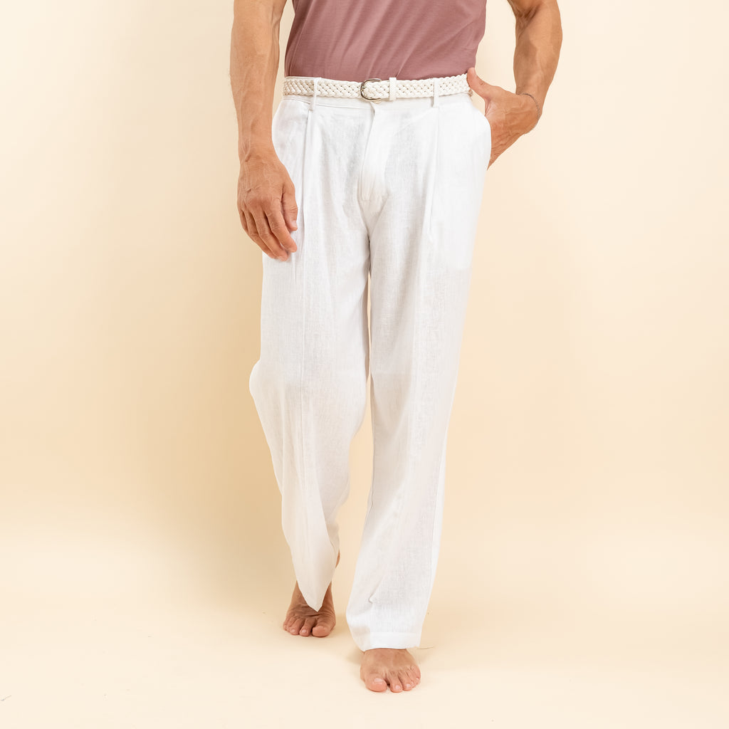 Pantalone palazzo molla sul retro misto lino - Bianco