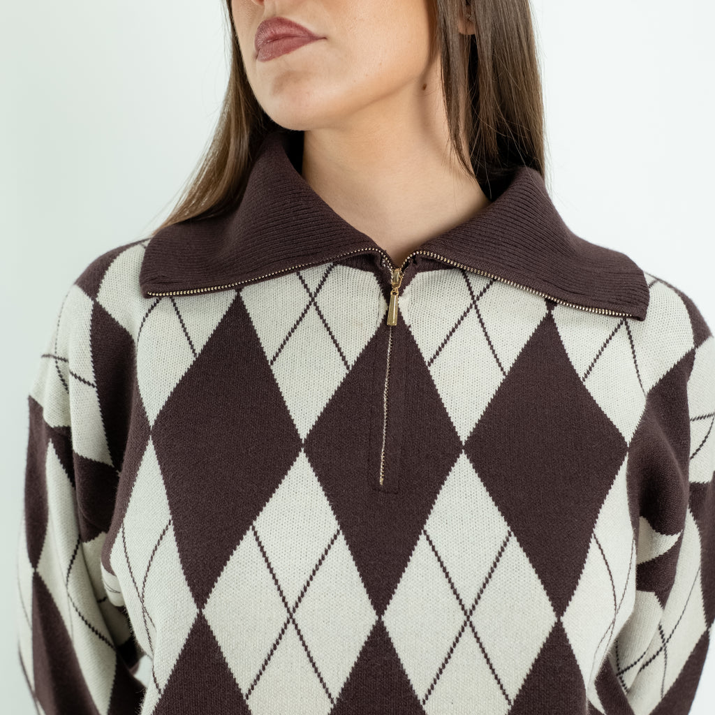 Argyle Knit Co-ord Set with Palazzo Trousers - Brown