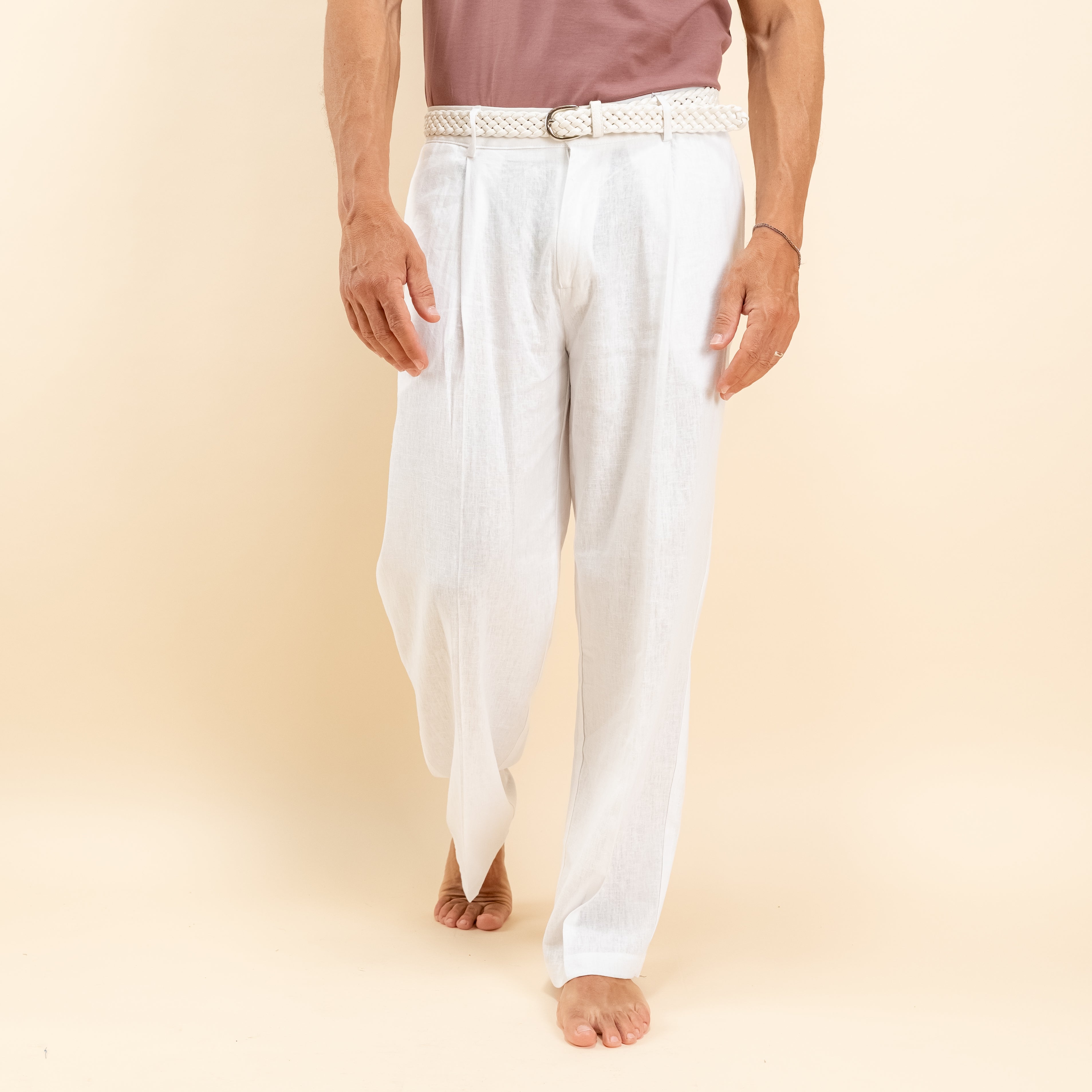 Pantalone palazzo molla sul retro misto lino - Bianco