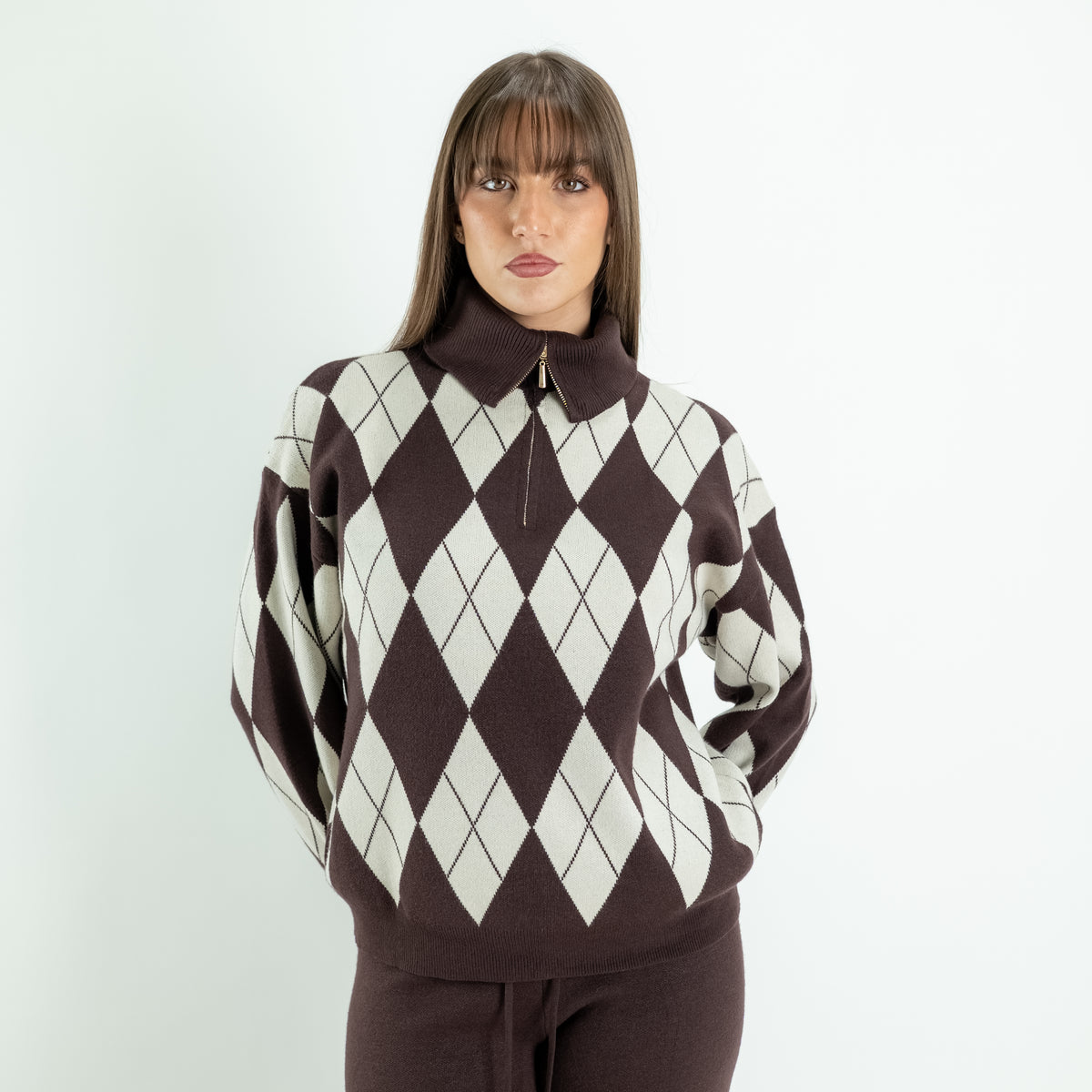 Argyle Knit Co-ord Set with Palazzo Trousers - Brown