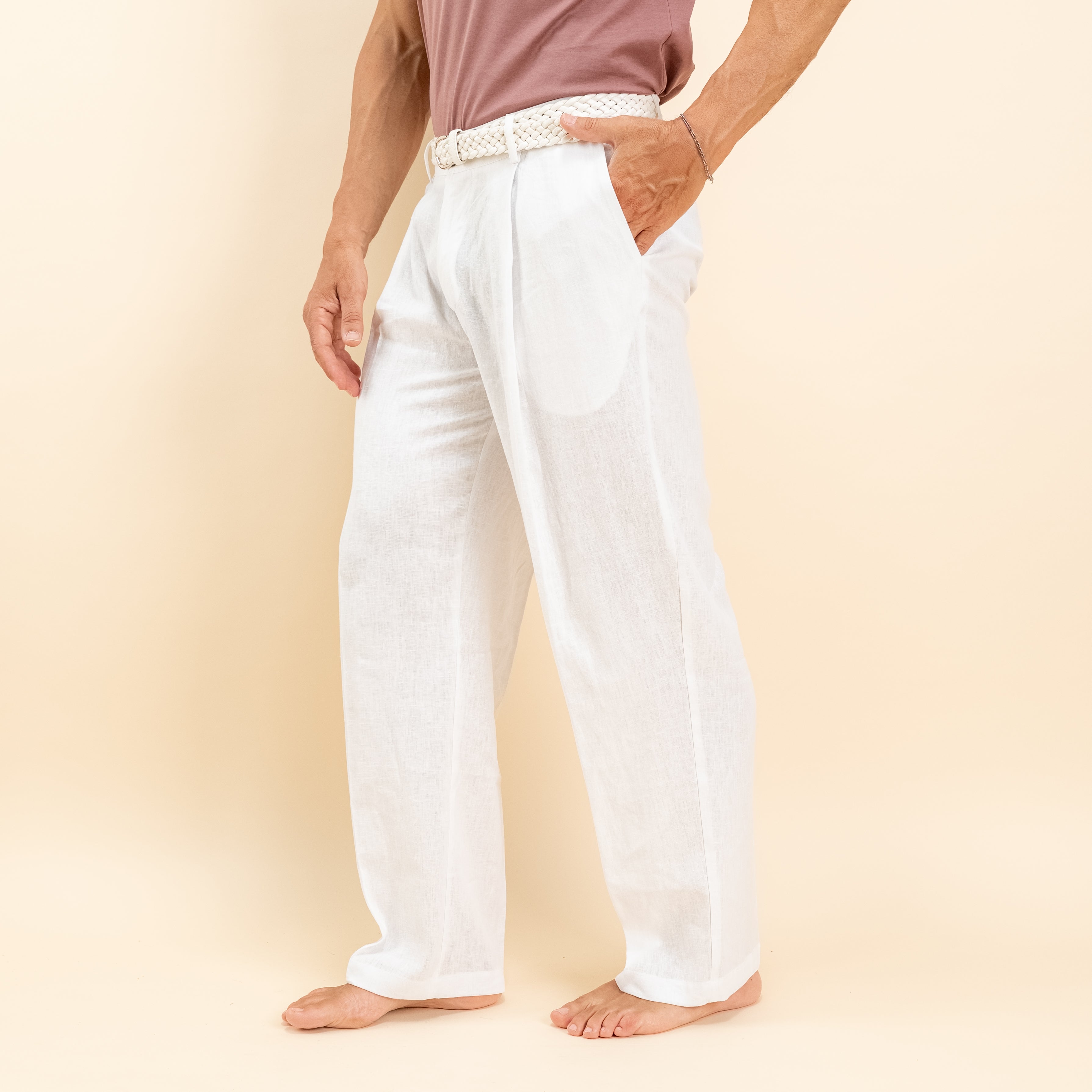 Pantalone palazzo molla sul retro misto lino - Bianco