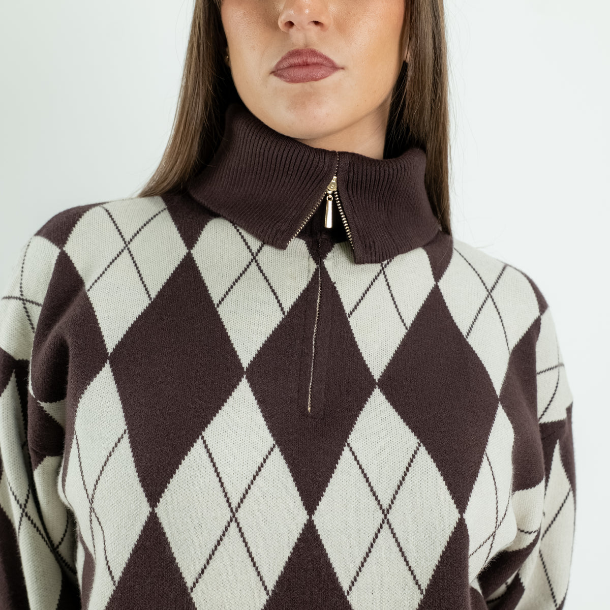 Argyle Knit Co-ord Set with Palazzo Trousers - Brown
