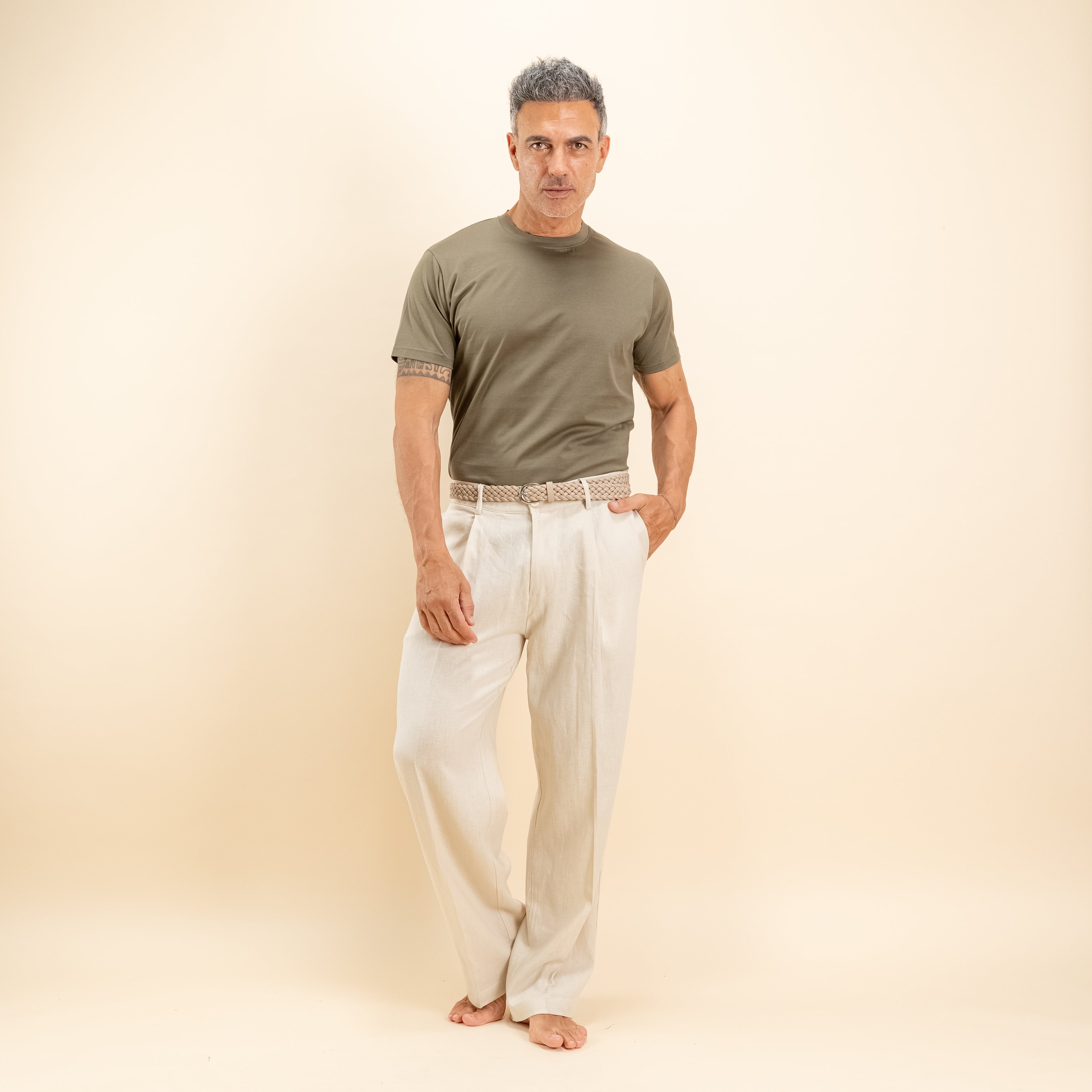 Pantalone palazzo con molla sul retro in misto lino - Beige