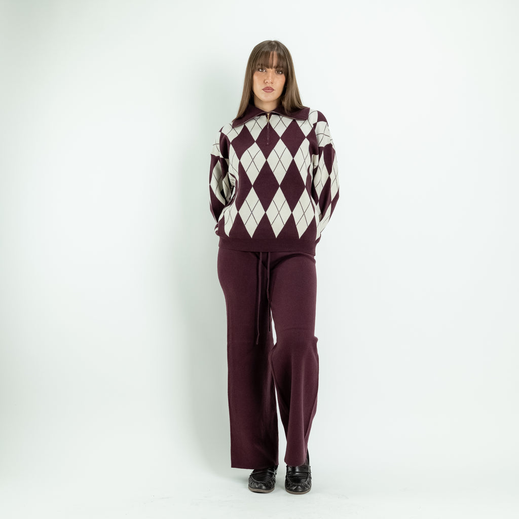 Strick-Set mit Rautenmuster und Palazzo-Hose – Pflaume