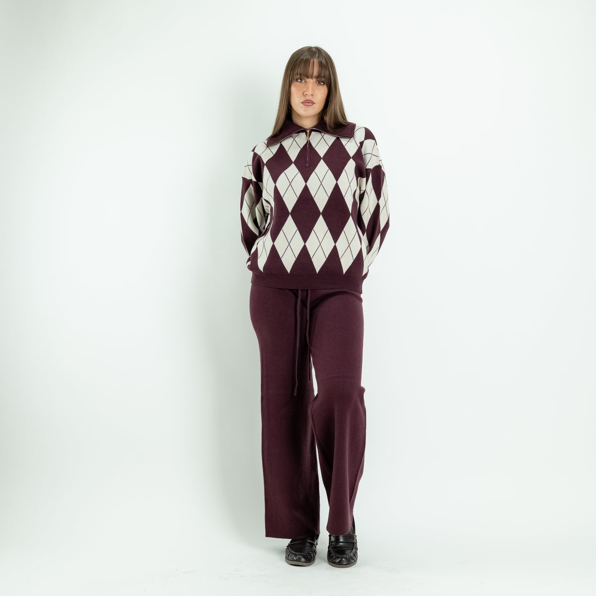 Strick-Set mit Rautenmuster und Palazzo-Hose – Pflaume
