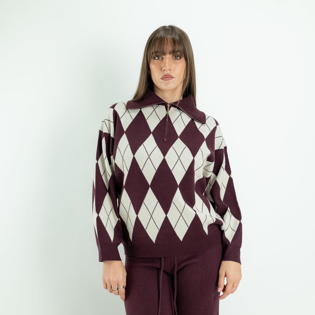 Strick-Set mit Rautenmuster und Palazzo-Hose – Pflaume
