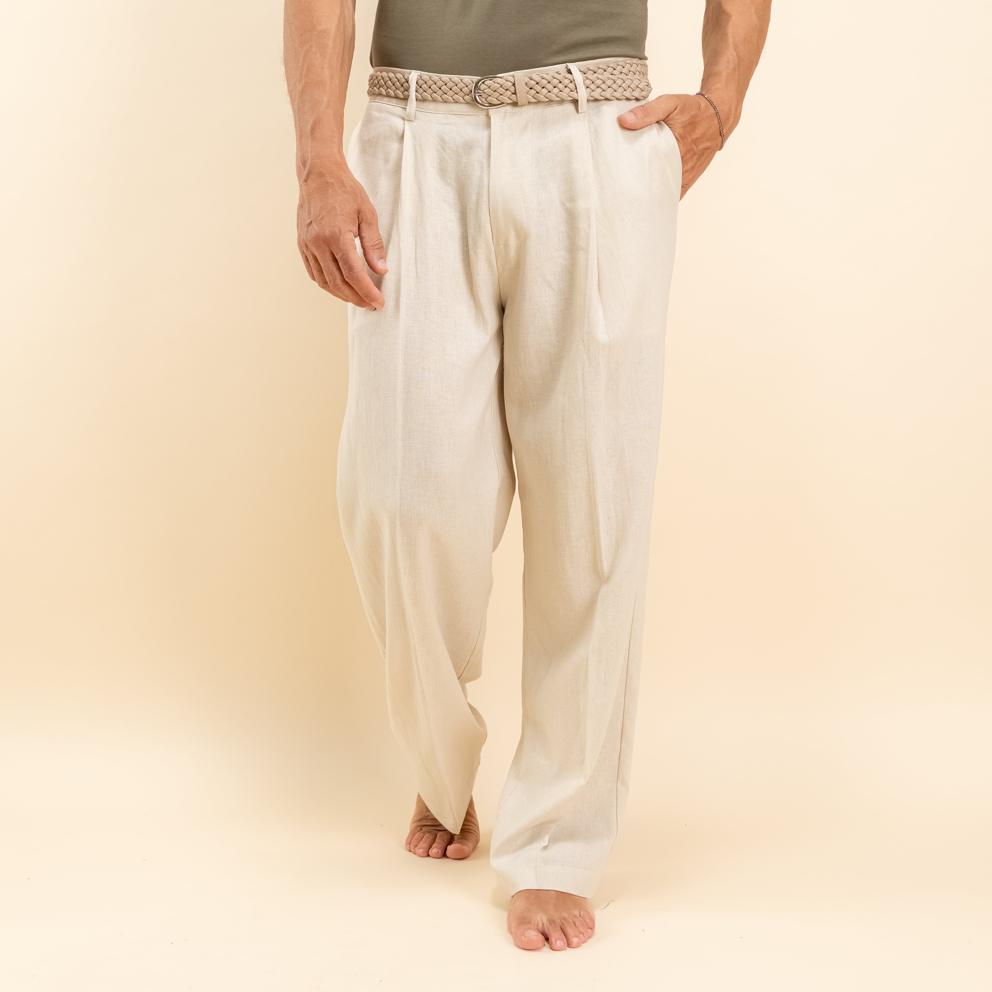 Pantalone palazzo con molla sul retro in misto lino - Beige