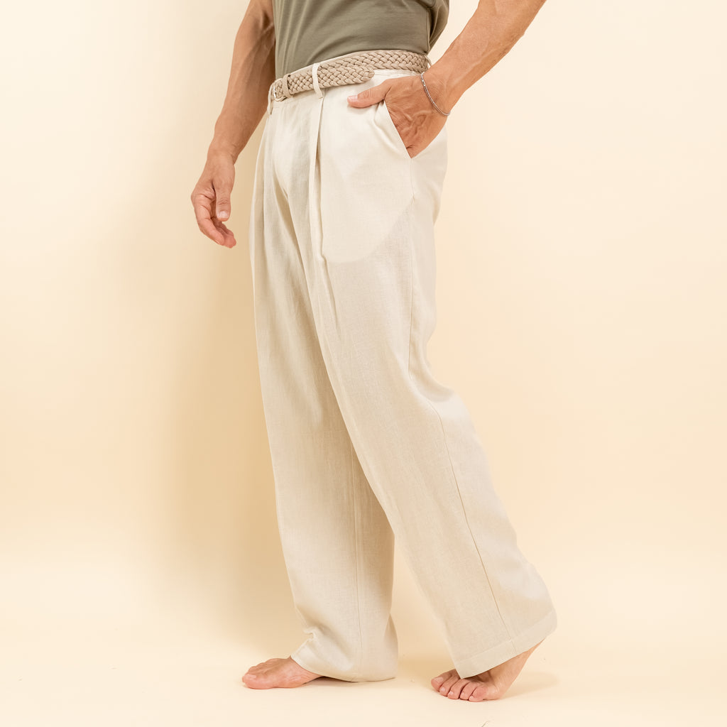 Pantalone palazzo con molla sul retro in misto lino - Beige
