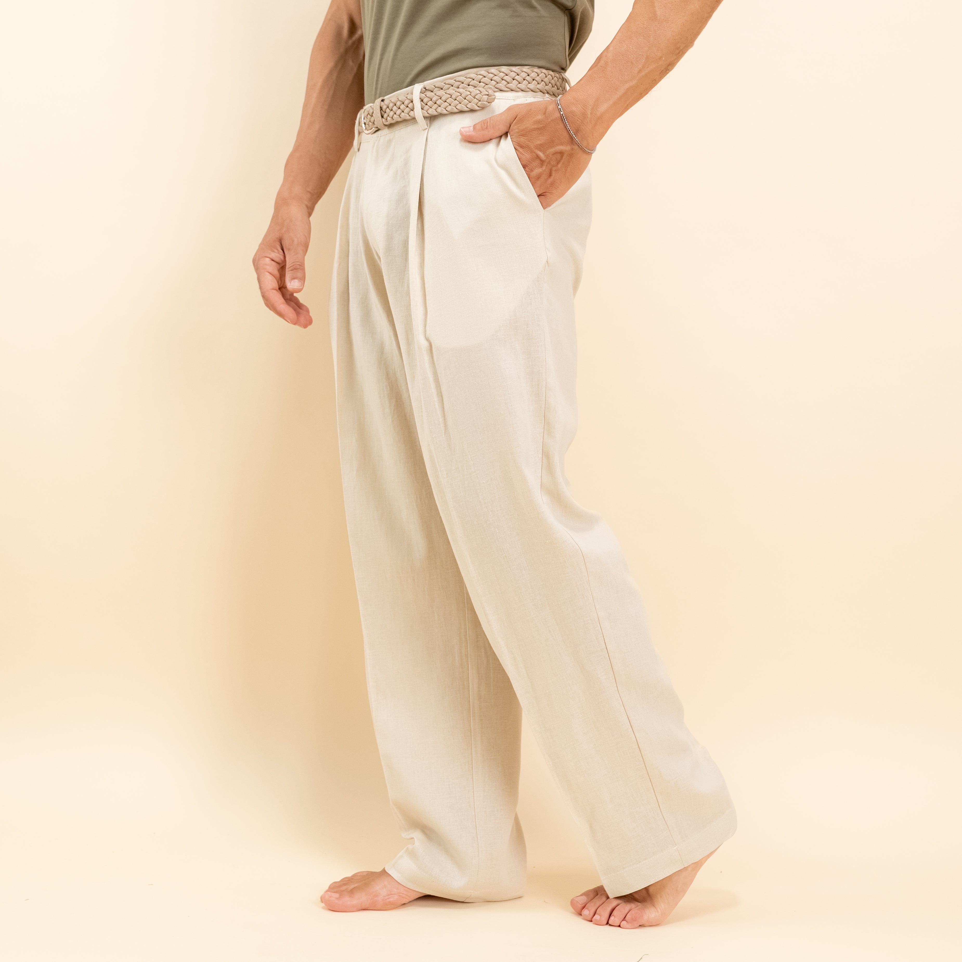 Pantalone palazzo con molla sul retro in misto lino - Beige