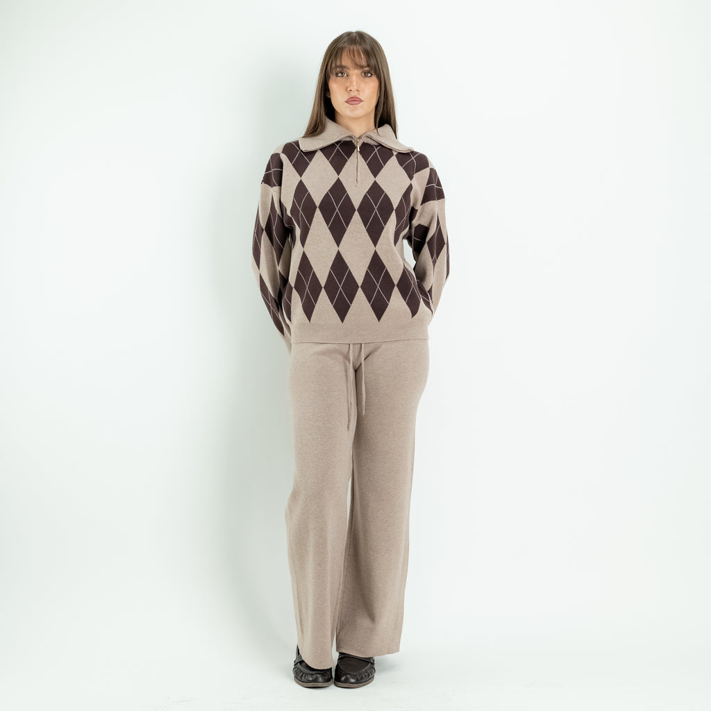 Coordinato Donna in Maglia con Fantasia a Rombi e Pantalone Palazzo - Fango
