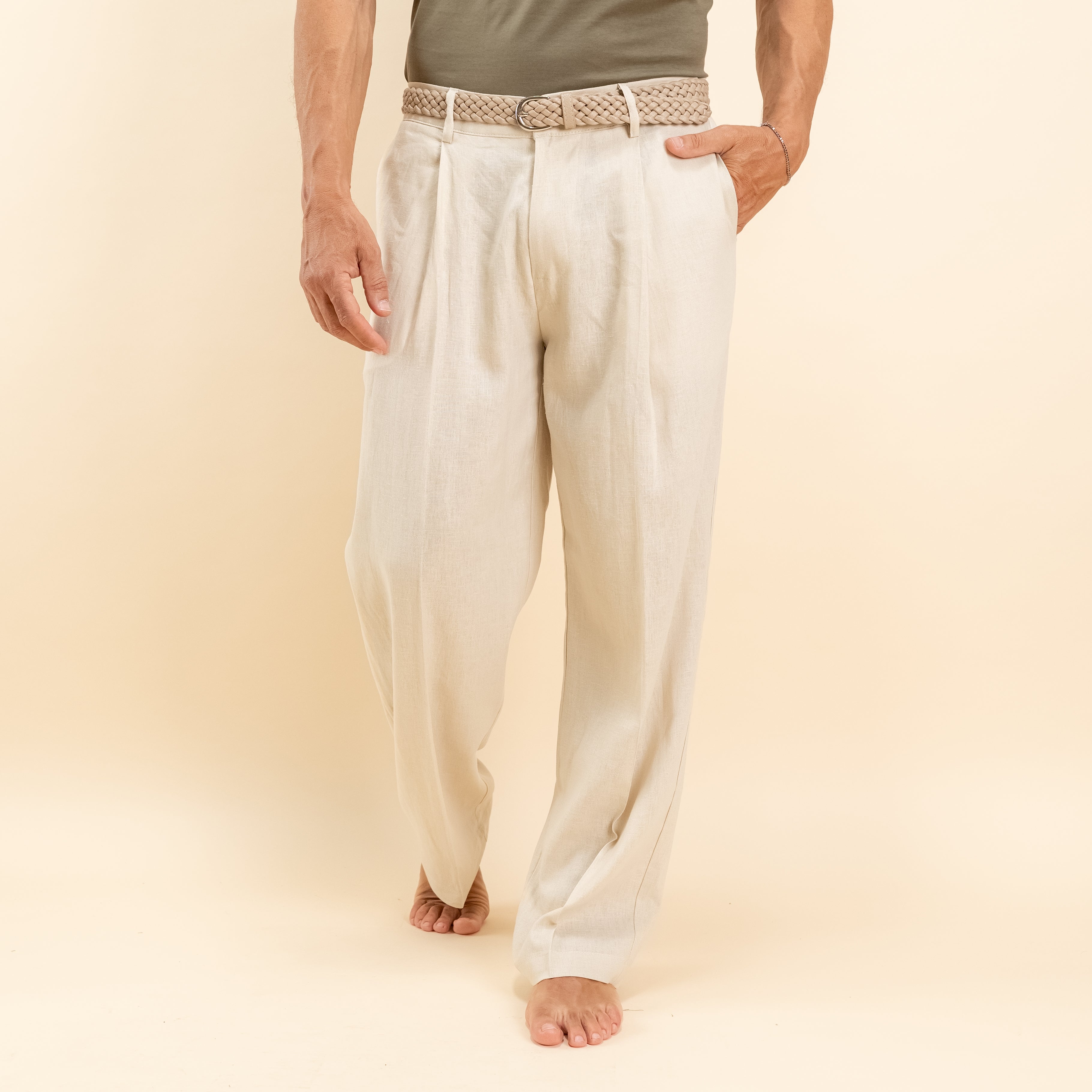 Pantalone palazzo con molla sul retro in misto lino - Beige